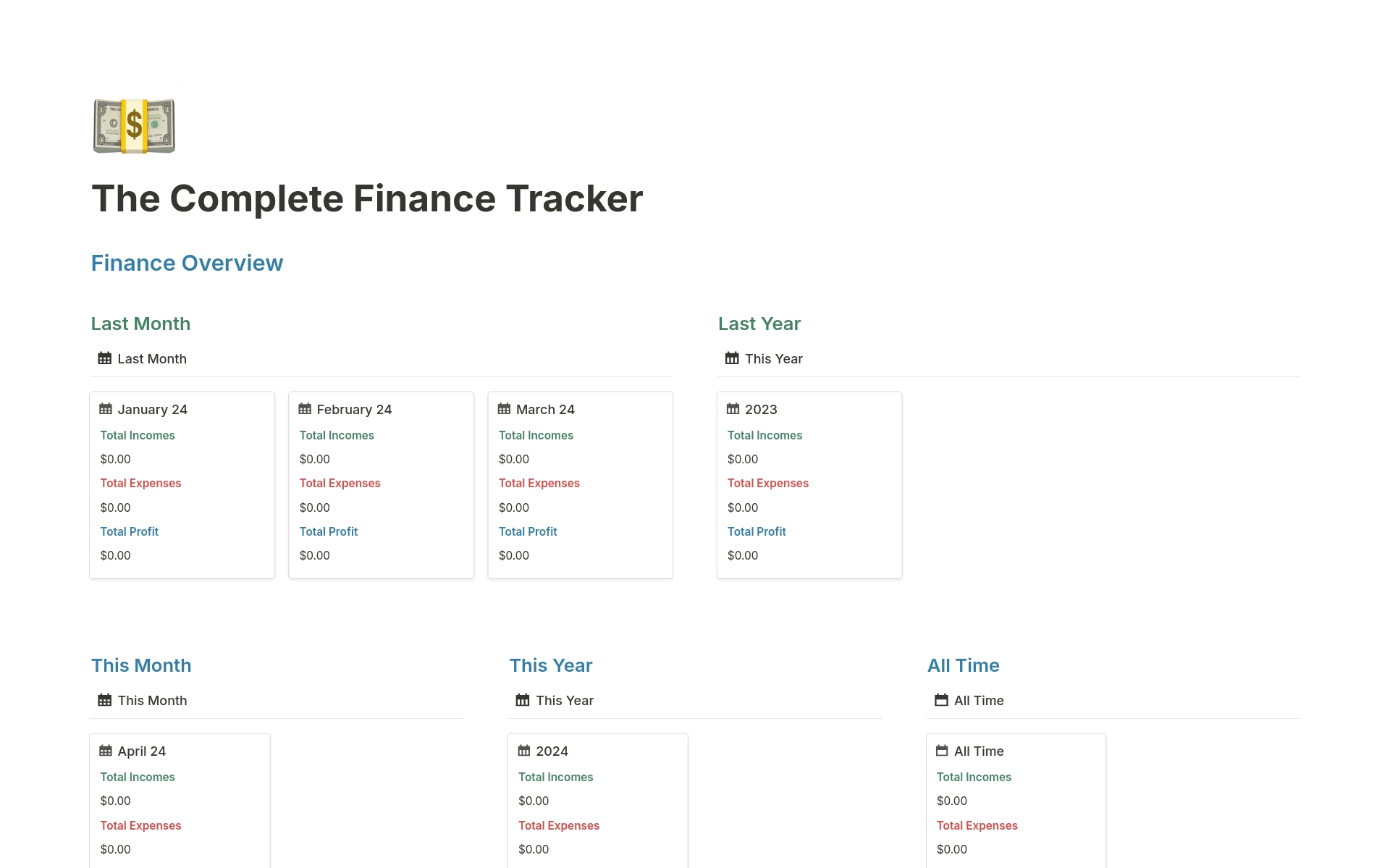 Simplify your finances and take control of your money with Notion Finance Tracker. This comprehensive template offers key sections to streamline your financial life: