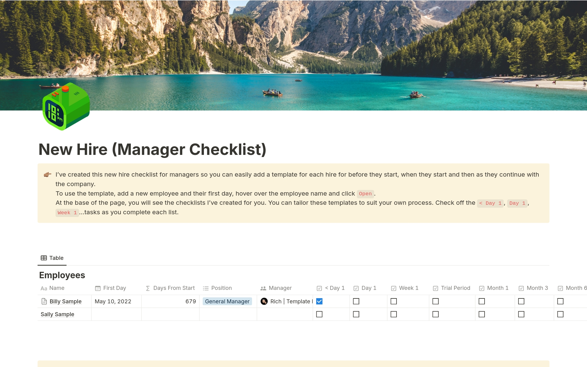 A template preview for New Hire (Manager Checklist)