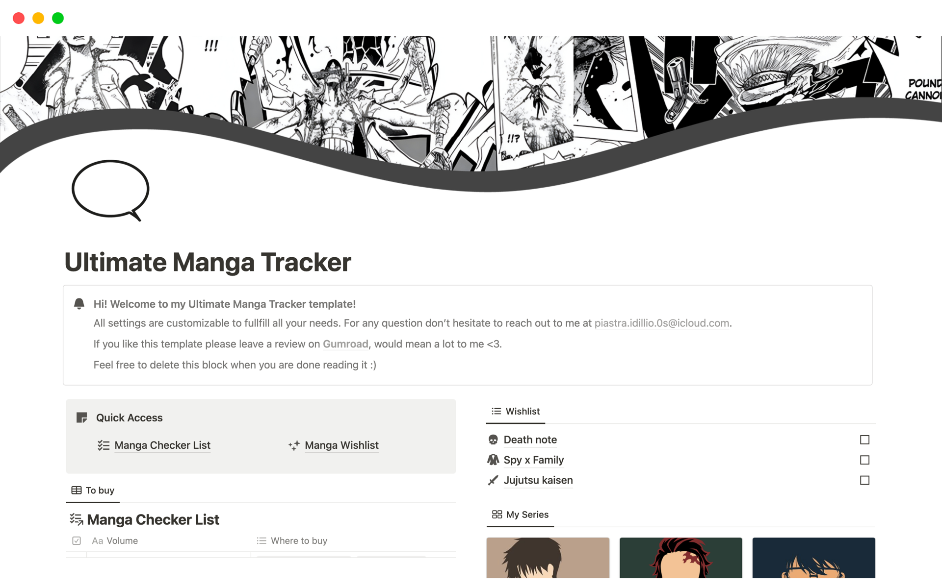 A template preview for Ultimate Manga Tracker