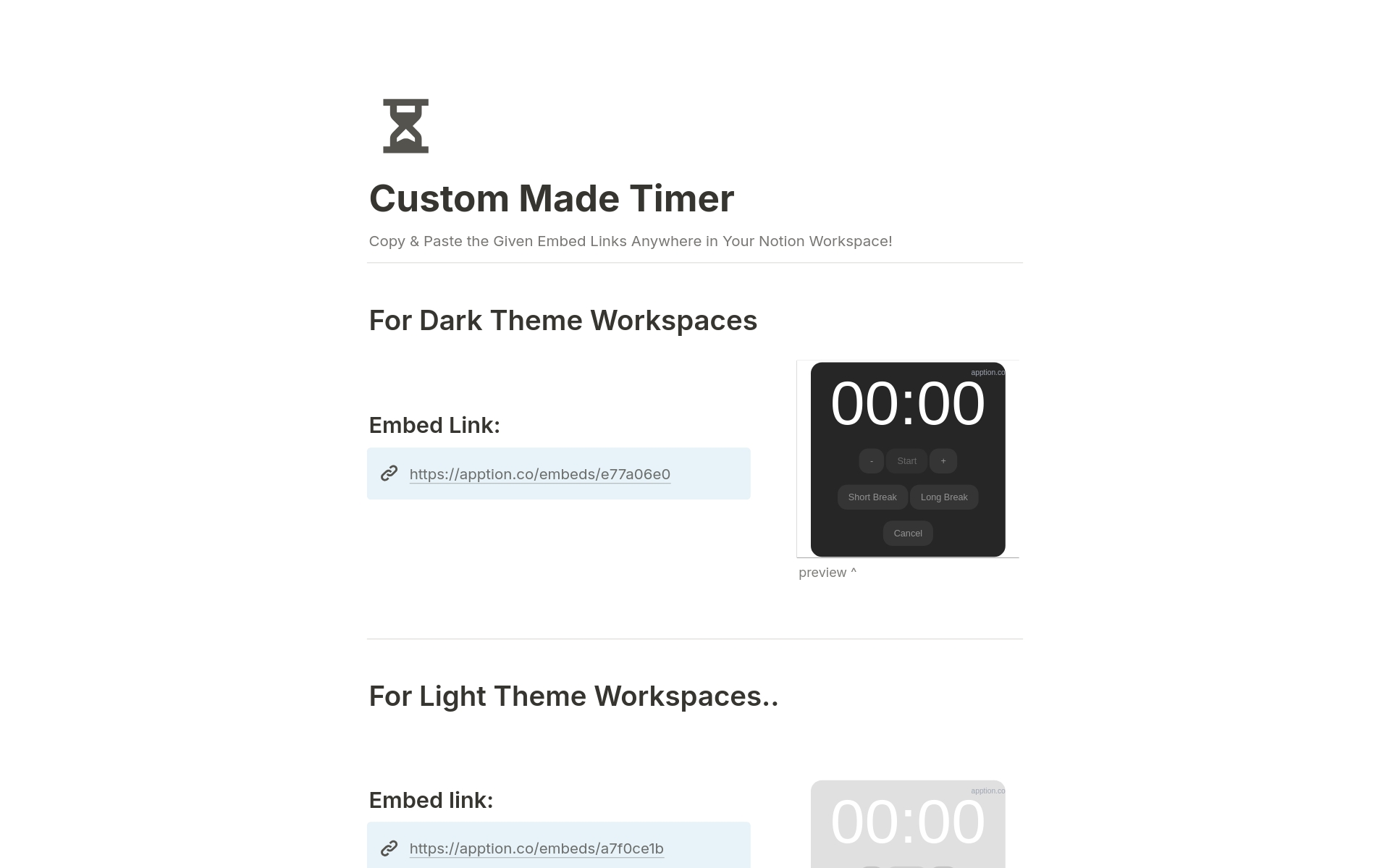 Dark Theme and Light Theme custom-made timers for your Notion workspace. Boost your workflow with sleek designs optimized to your preference!