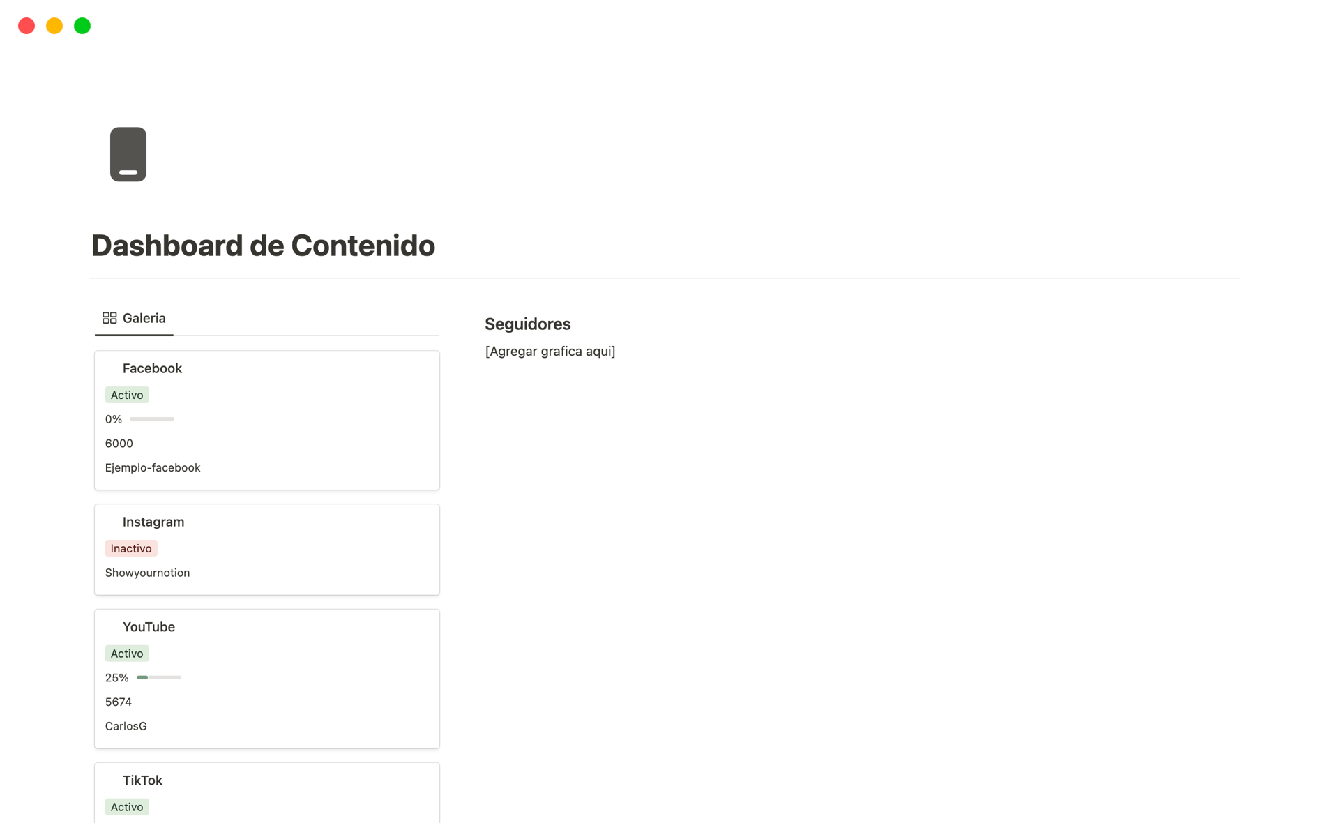 A template preview for Dashboard de Contenido