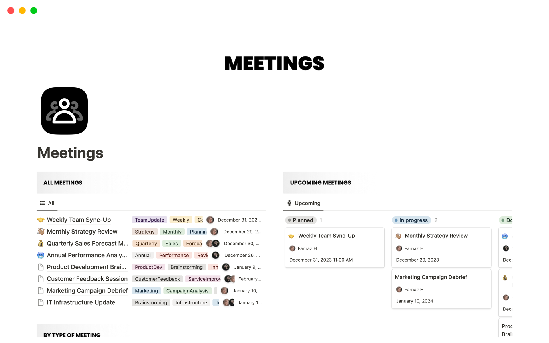 A template preview for Meeting Management