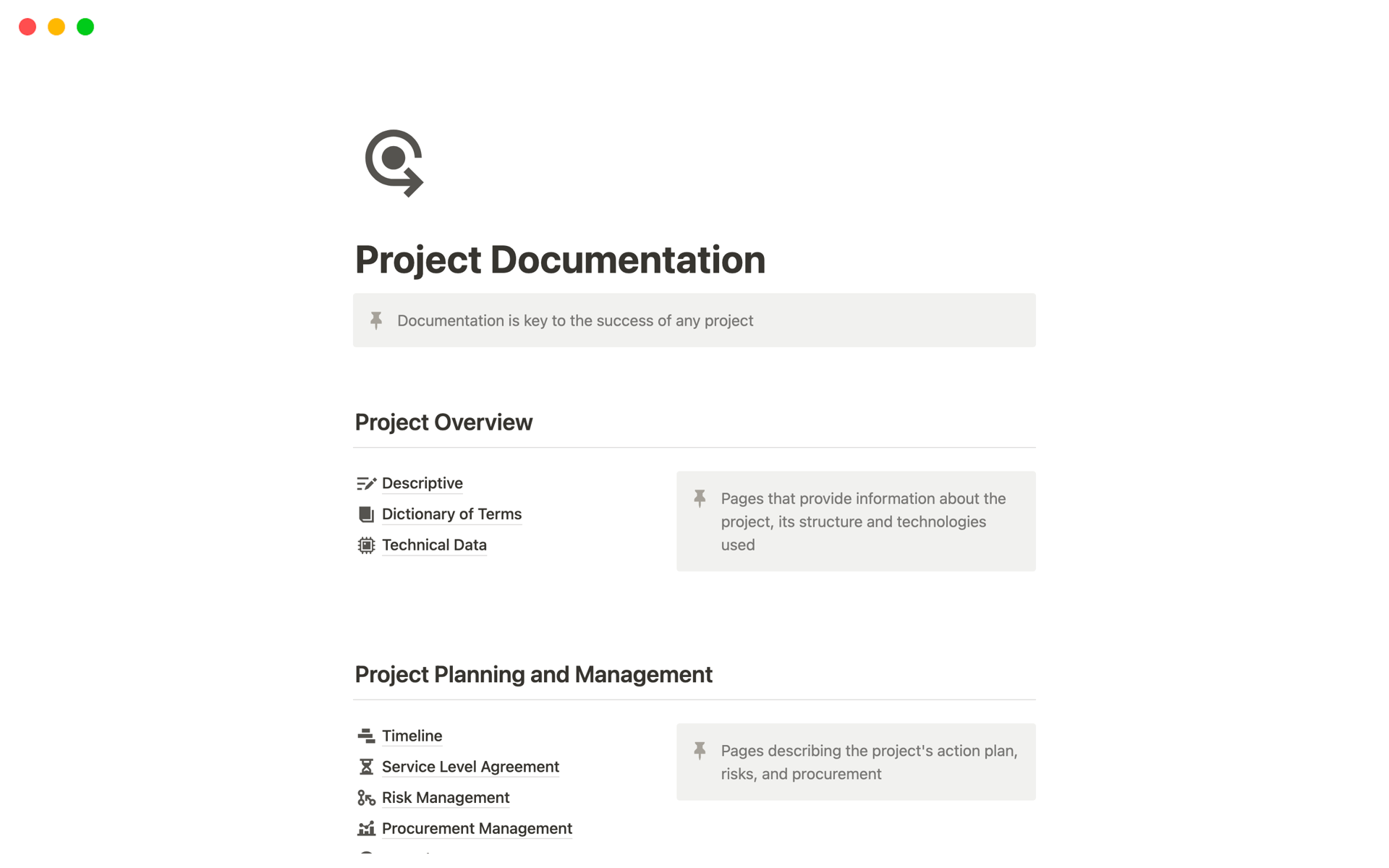 Vista previa de una plantilla para Project Documentation