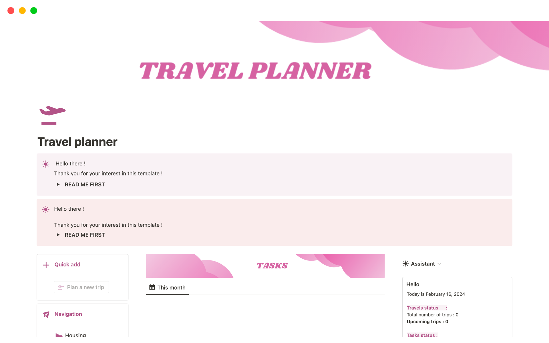 A template preview for Travel planner