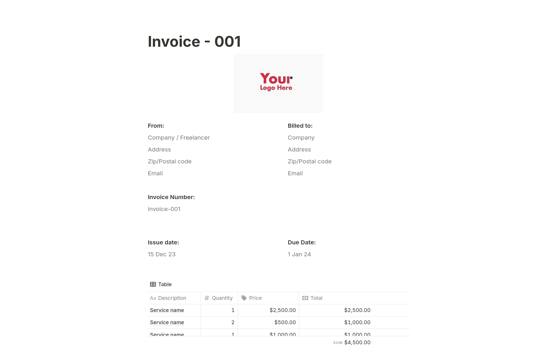 En forhåndsvisning av mal for Invoice