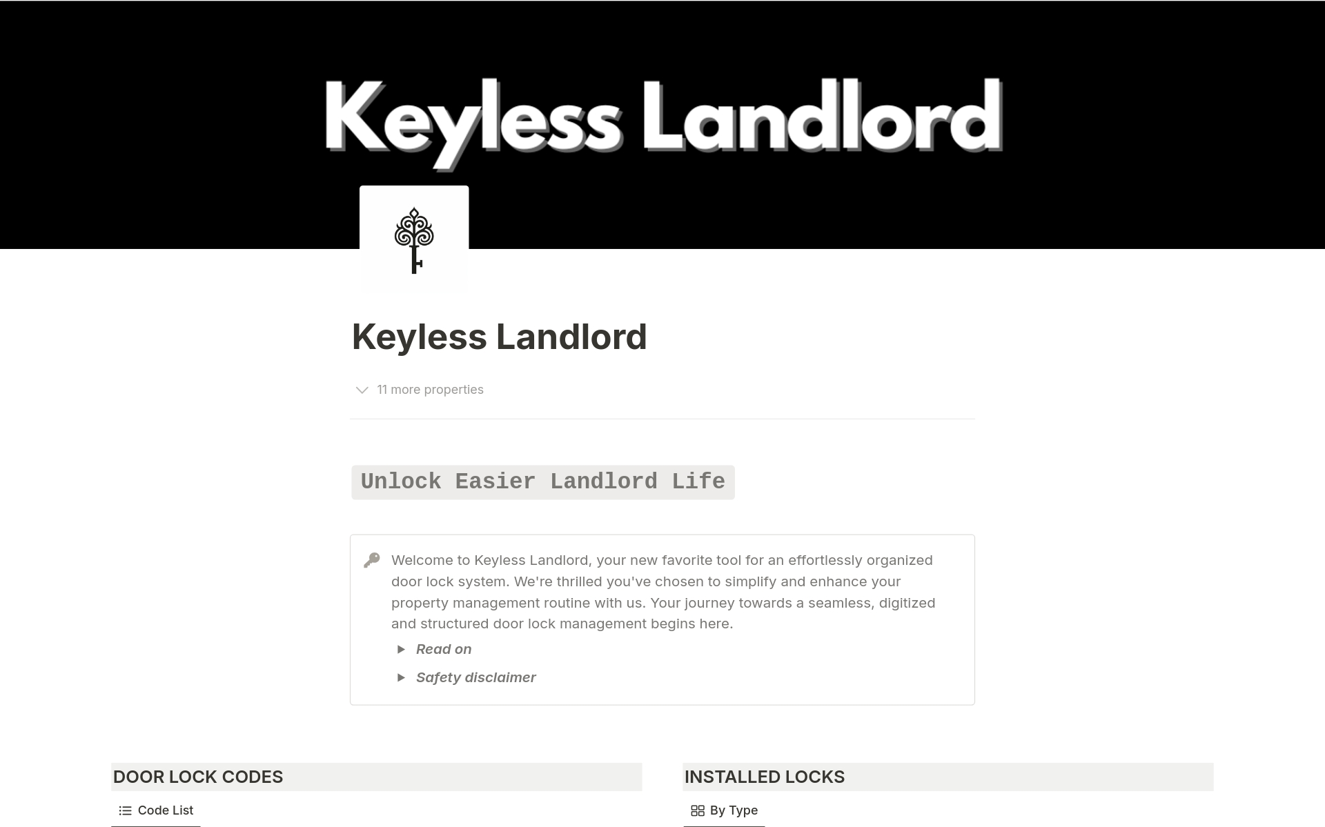 A template preview for Keyless Landlord - Manage Property Keys and Codes