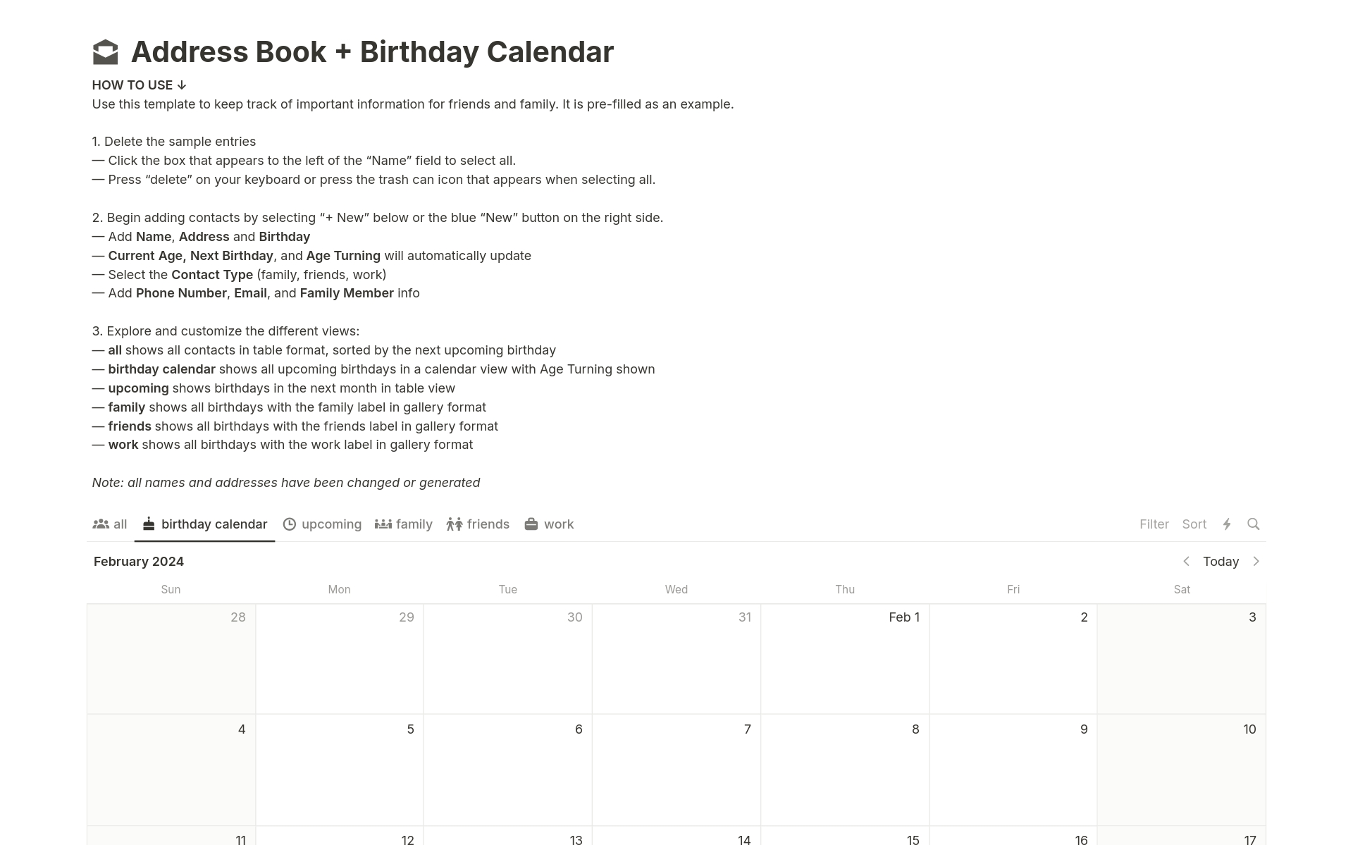 Digital address book and birthday calendar to keep track of important information for friends and family including: address, birthday, phone number, email, family members