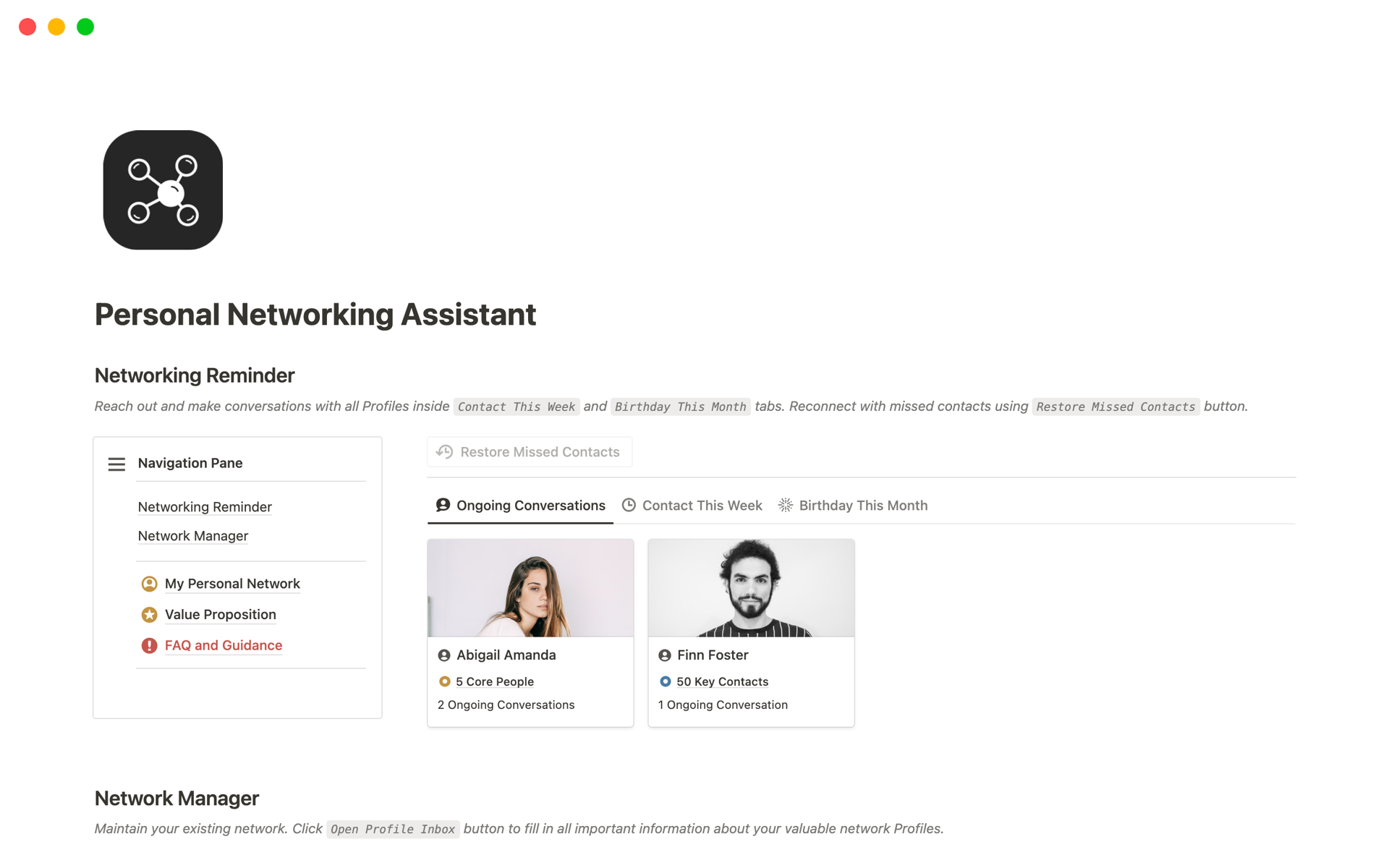A template preview for Notion Personal Networking Assistant