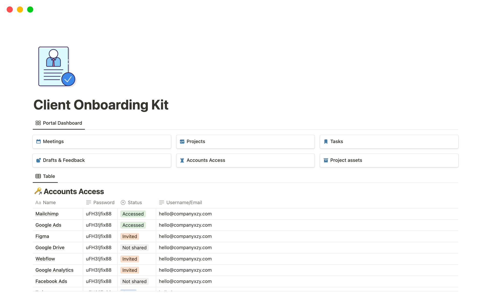 En förhandsgranskning av mallen för Client Onboarding Kit