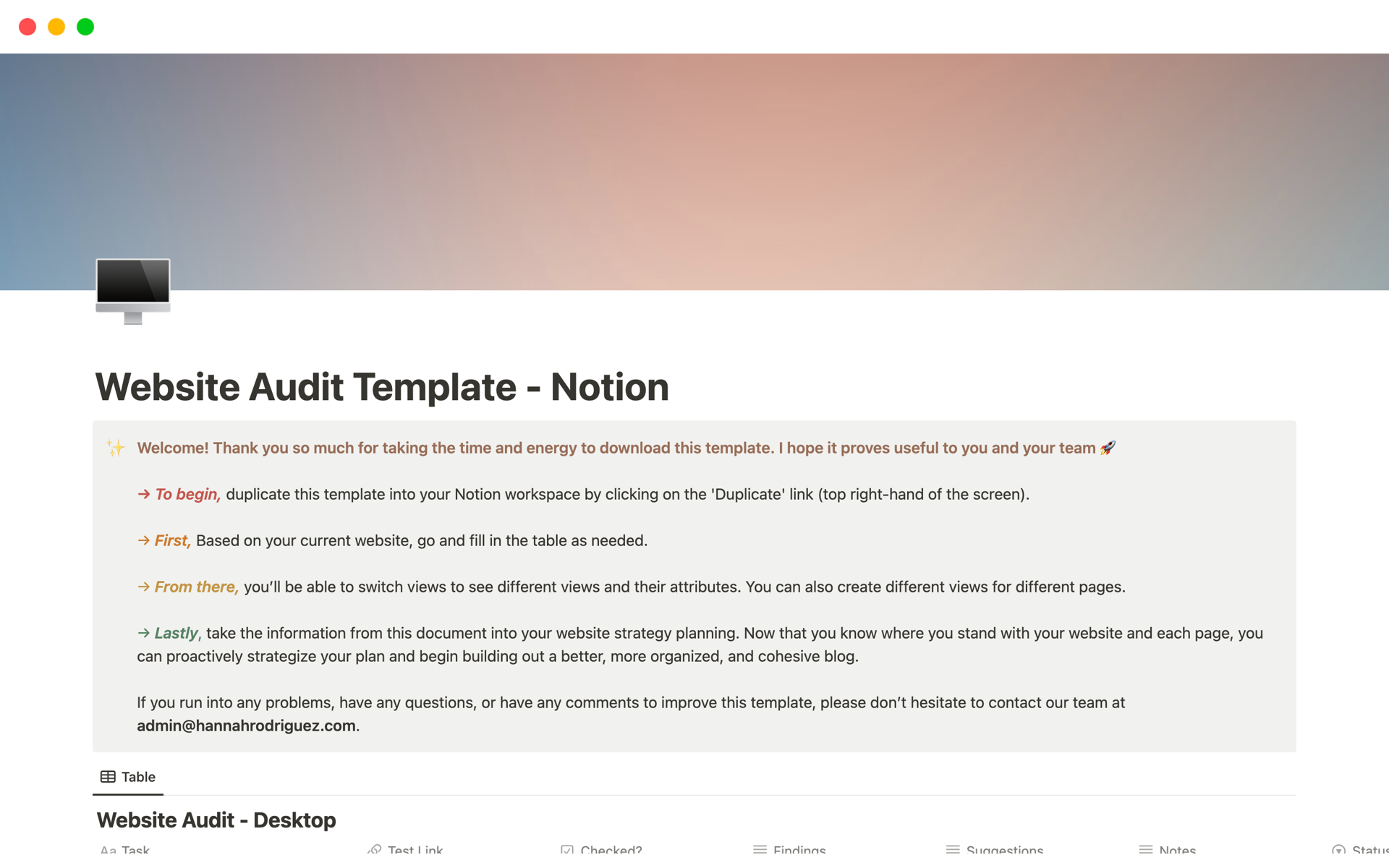 Vista previa de una plantilla para Website Audit