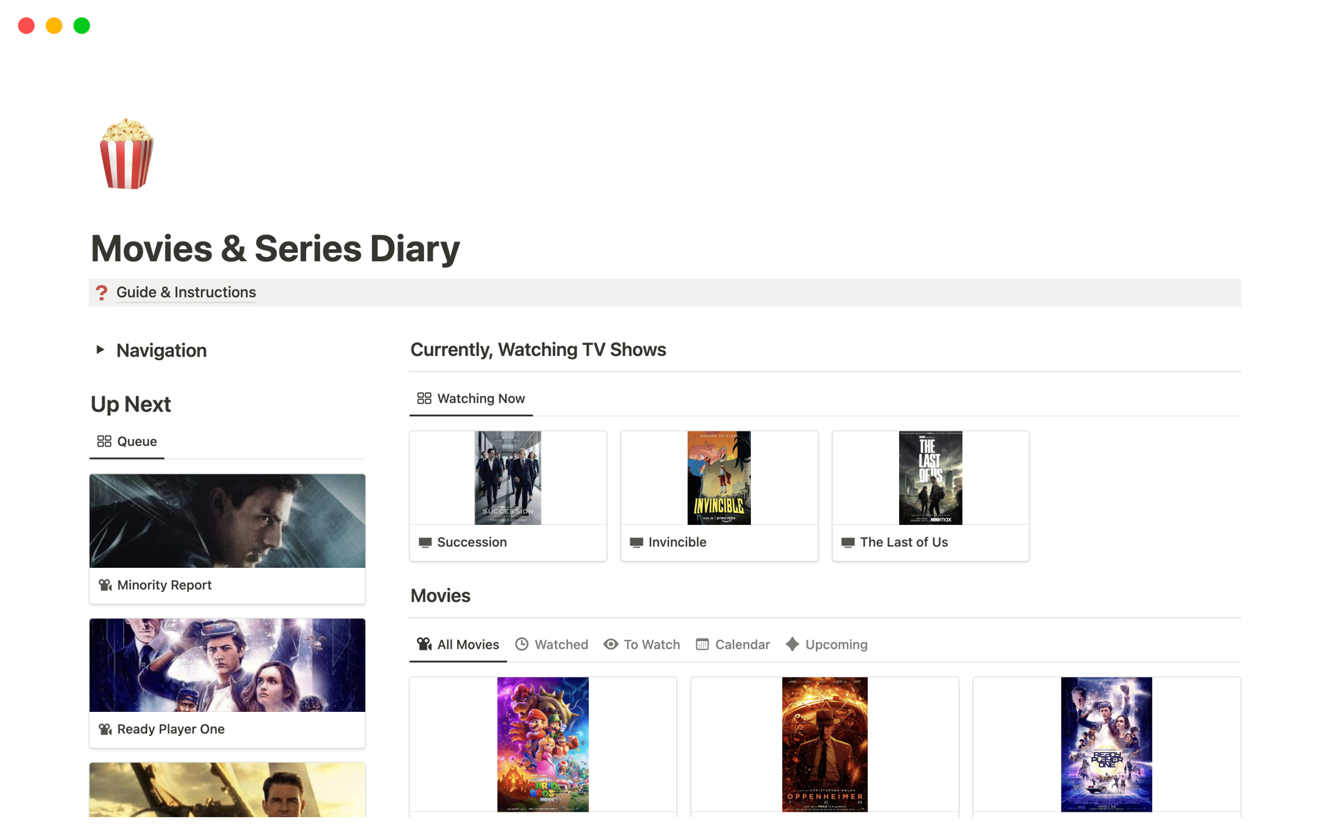 A template preview for Movies & Series Diary