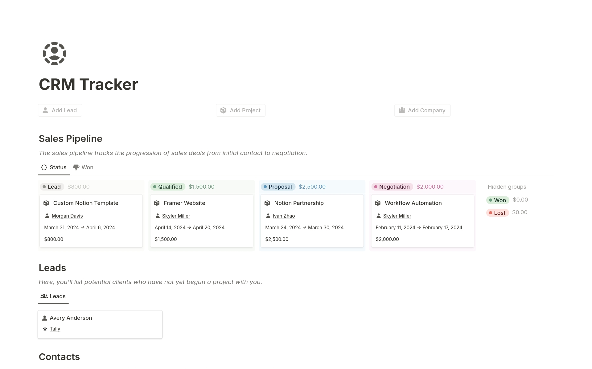 A template preview for CRM Tracker