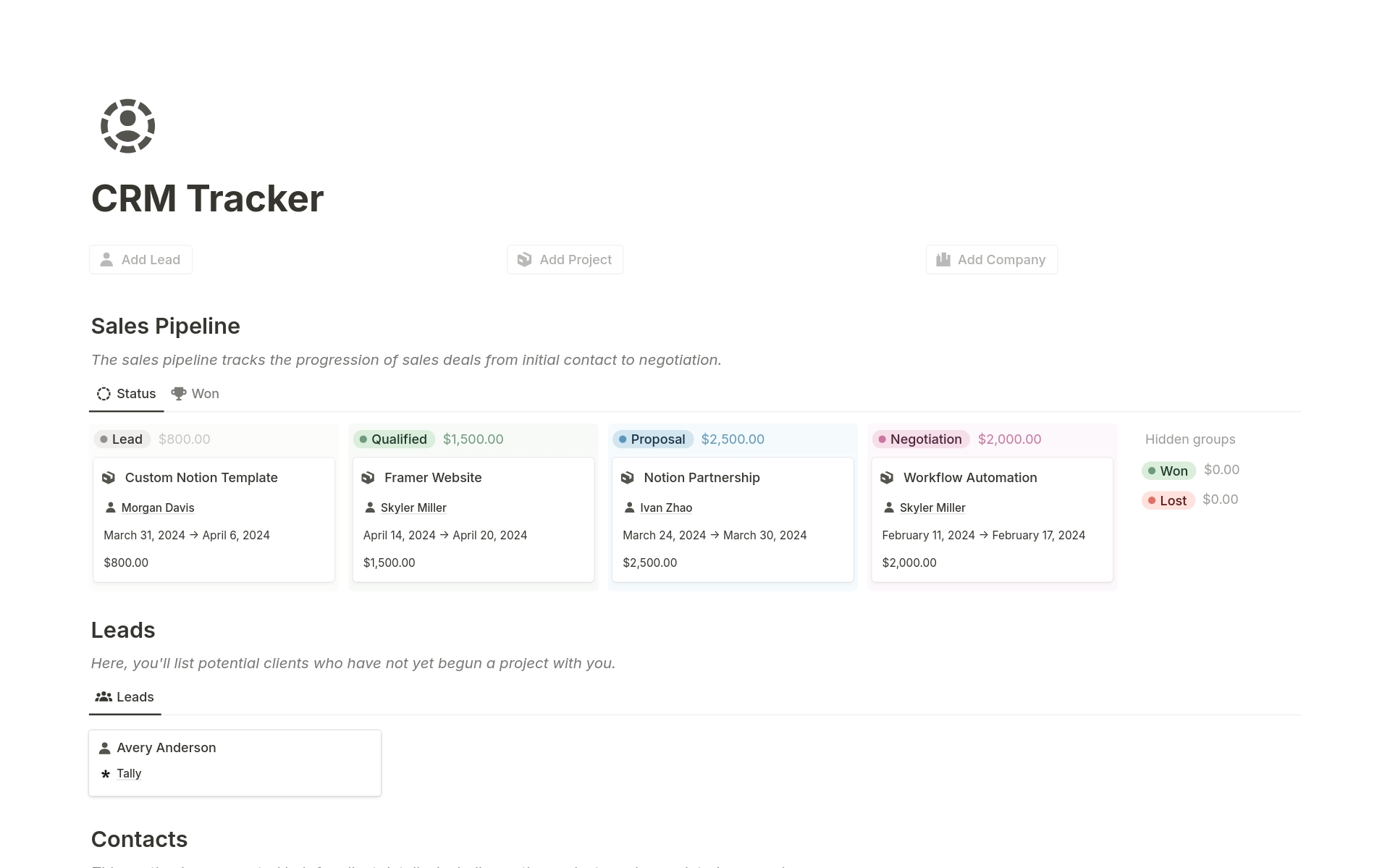 Vista previa de plantilla para CRM Tracker