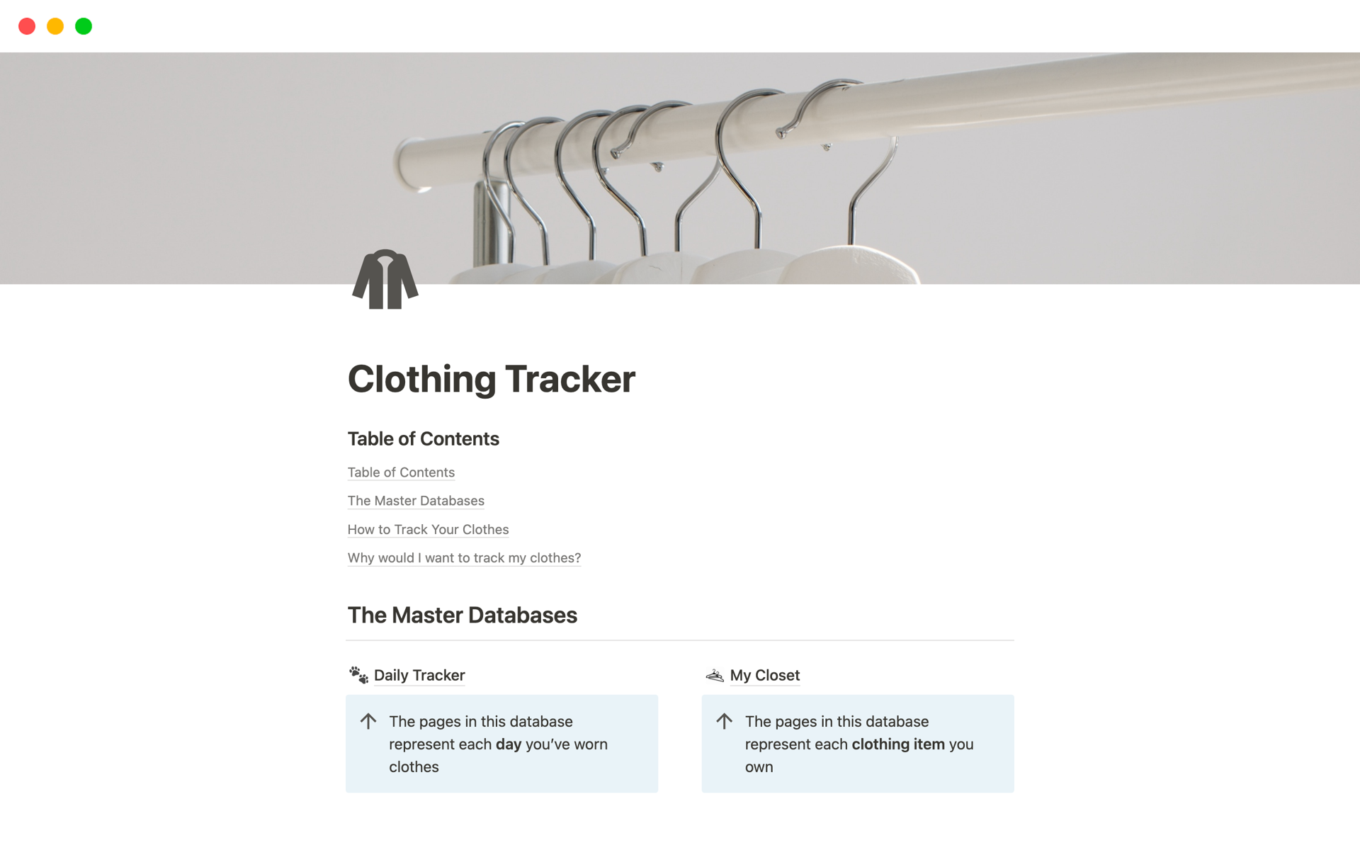 A template preview for Clothing Tracker