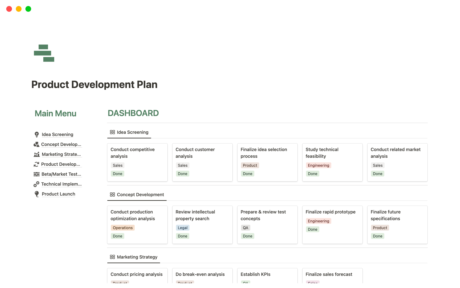 A template preview for Product Development Plan