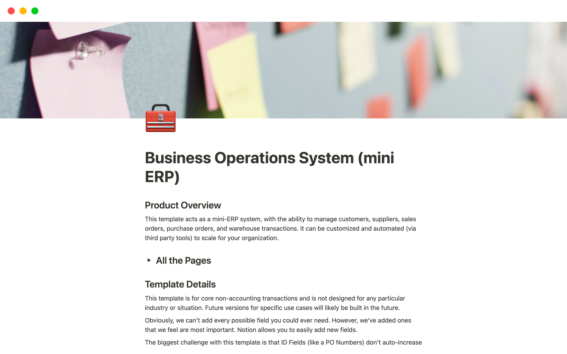 A template preview for Business Operations System (mini ERP)