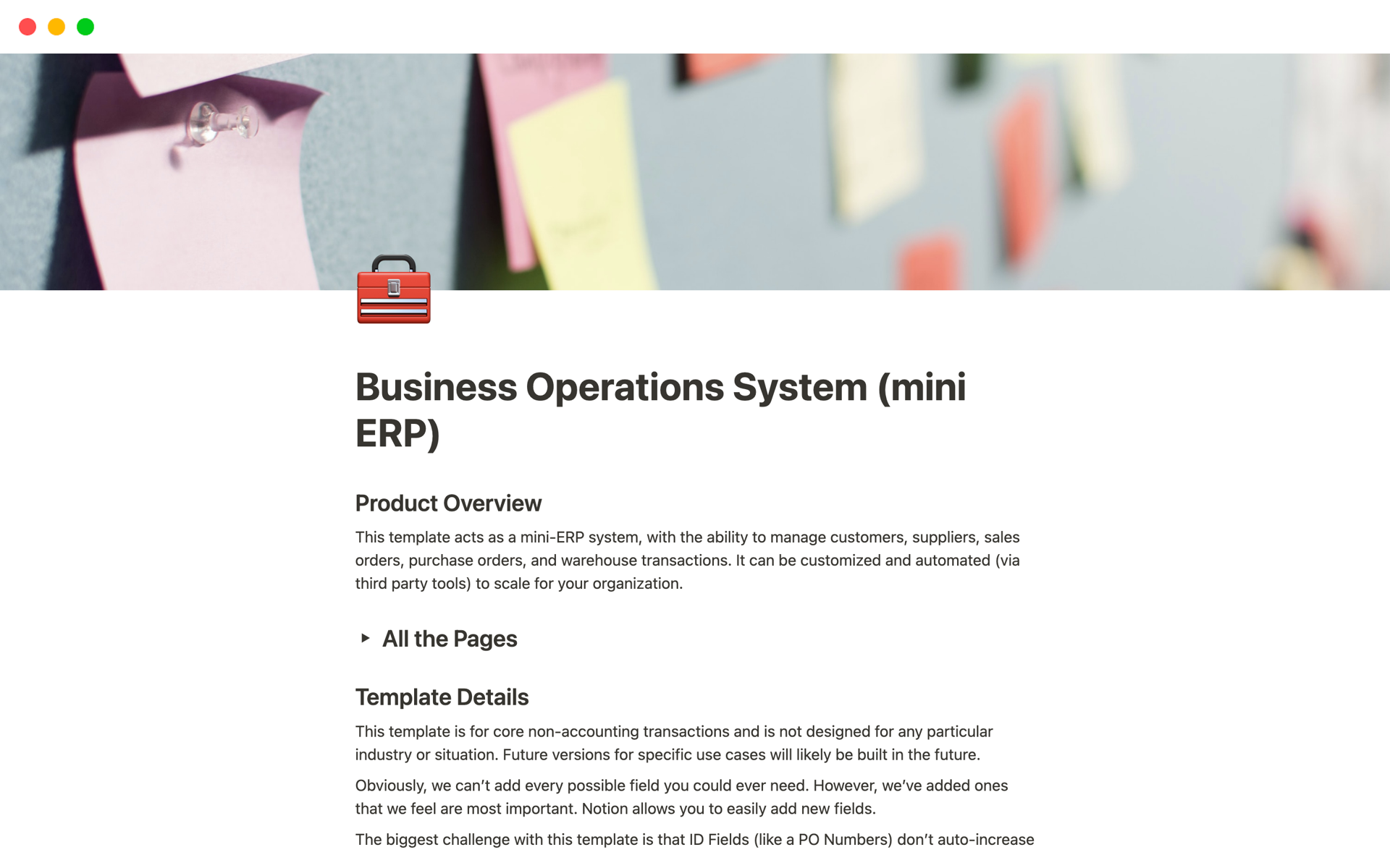 Vista previa de una plantilla para Business Operations System (mini ERP)