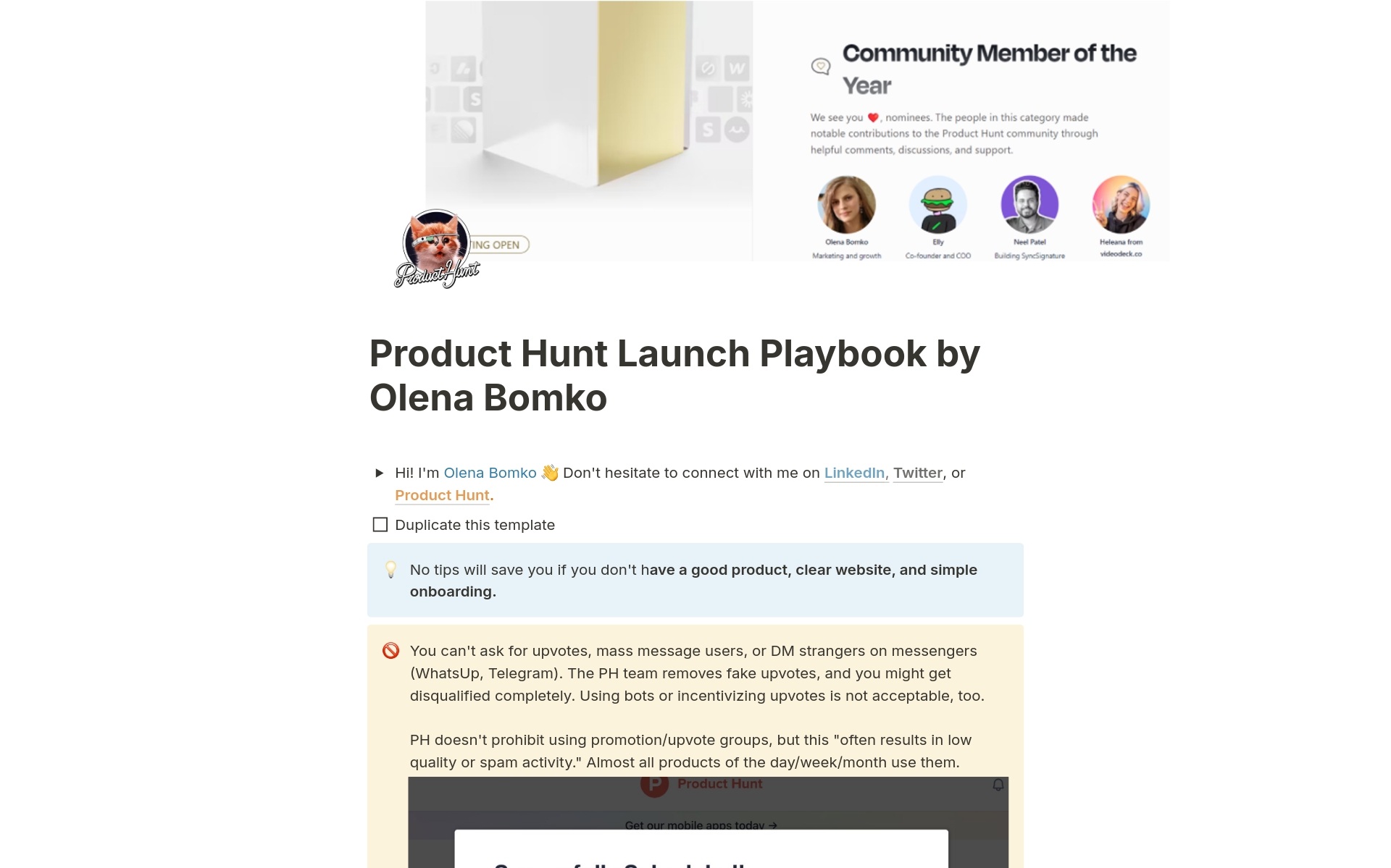 A template preview for Product Hunt Launch Playbook by Olena Bomko