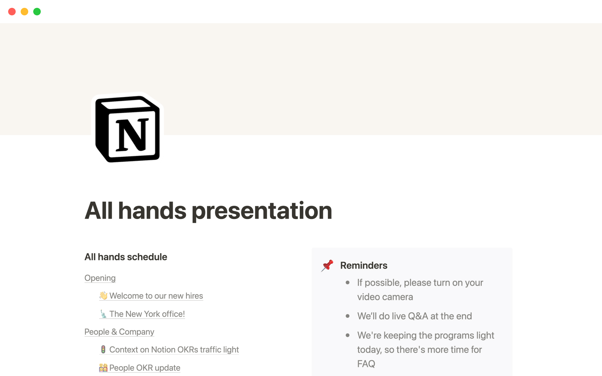 A template preview for Notion's all hands presentation