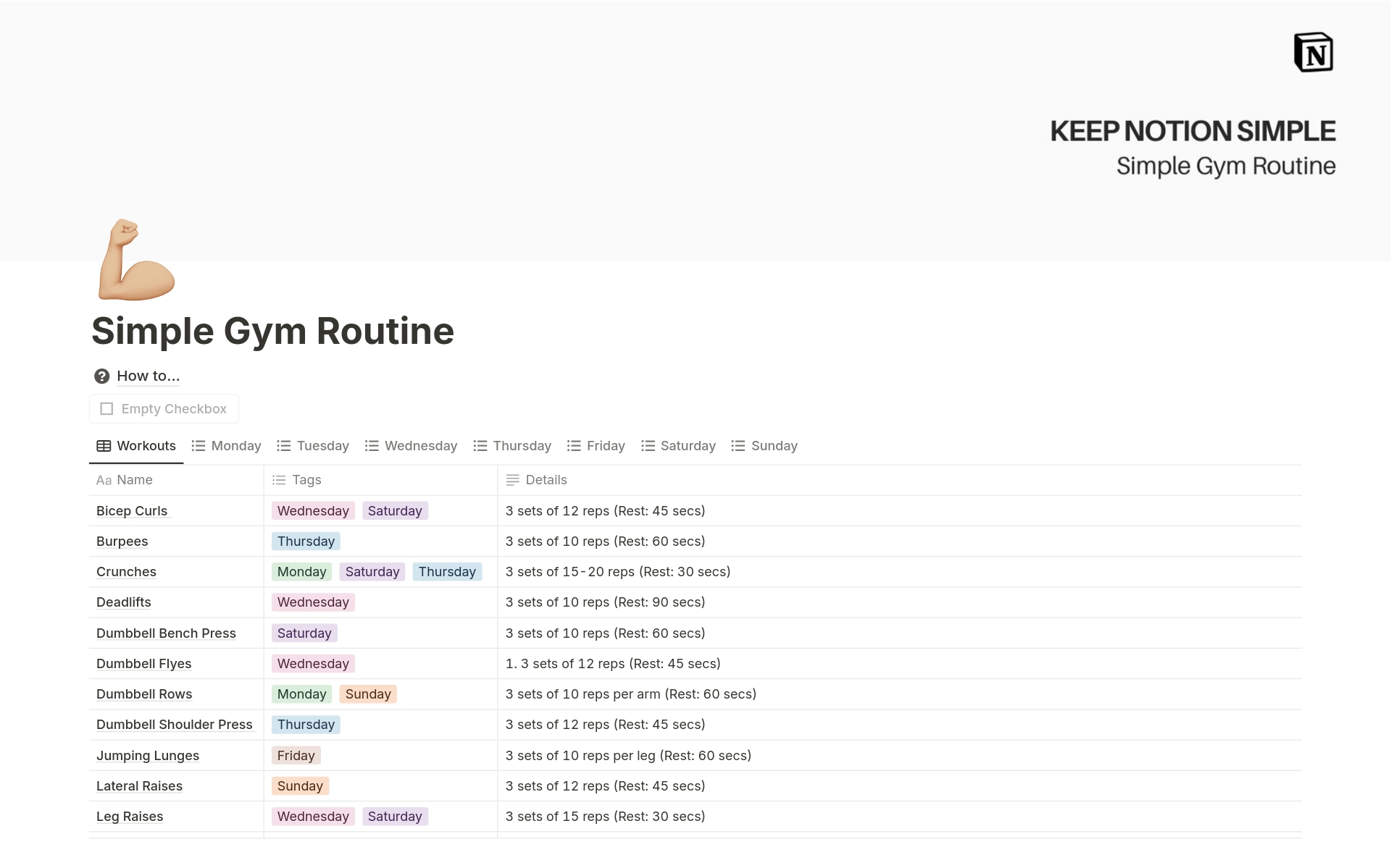 This template is designed to be a simple and visual guide to keep track of your gym routine.
It helps my wife keep the routines handy and now it can help you keep track of your workout routines.