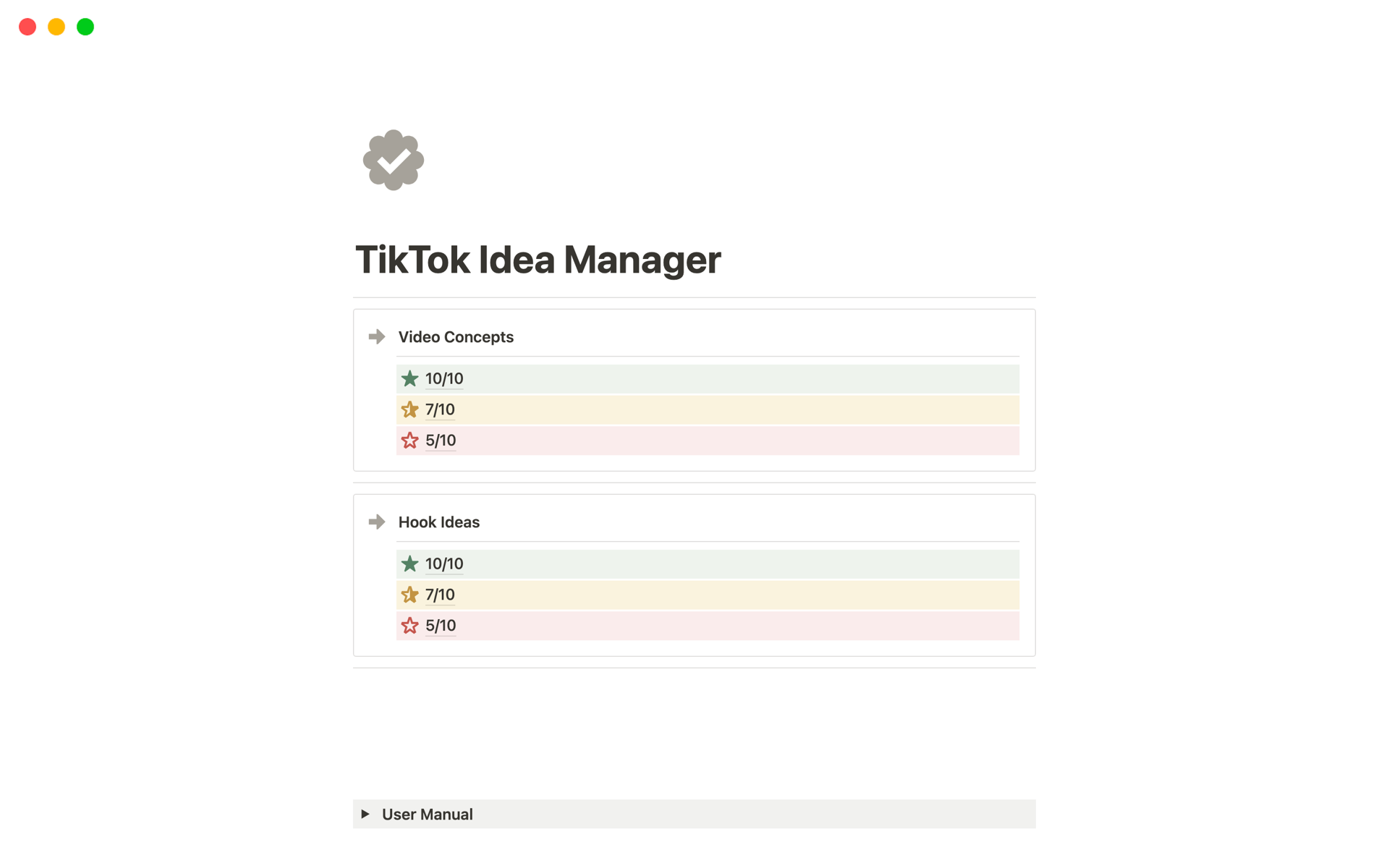 A template preview for TikTok Idea Manager 
