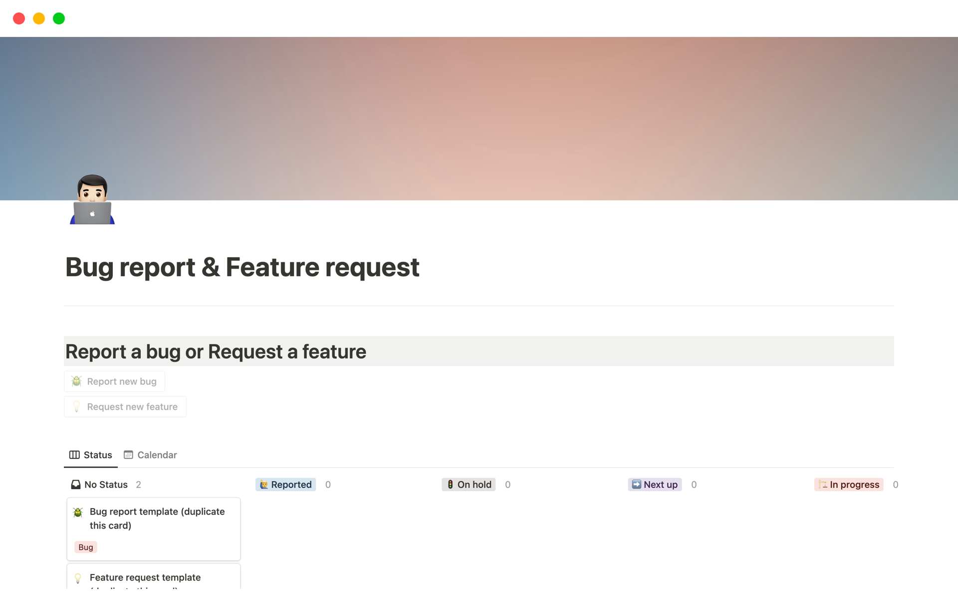 Aperçu du modèle de Web development Bug reports & Feature requests