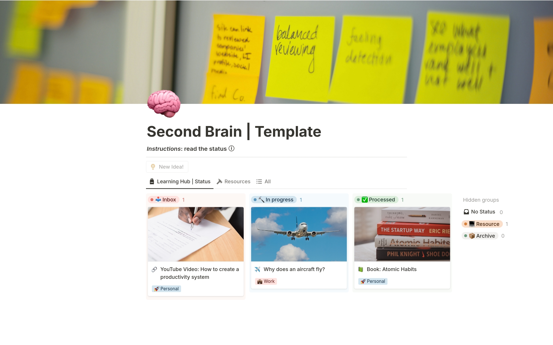 A template preview for Second Brain (Notes and Learning Hub)