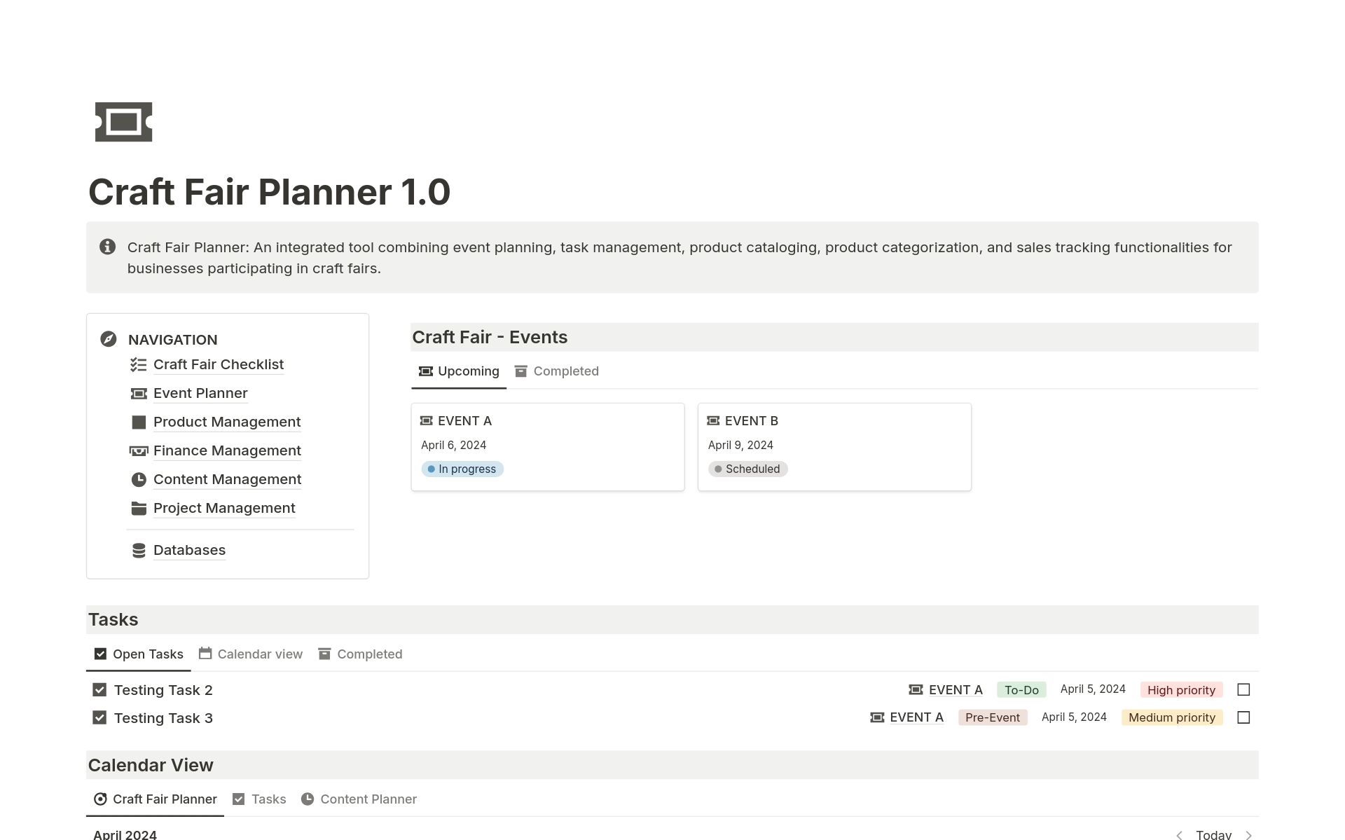 A template preview for Craft Fair Planner 1.0