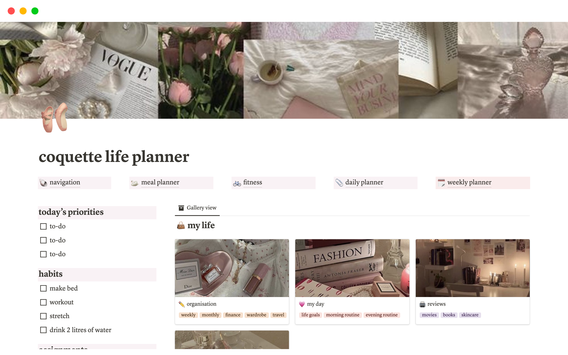 A template preview for Coquette Life Planner