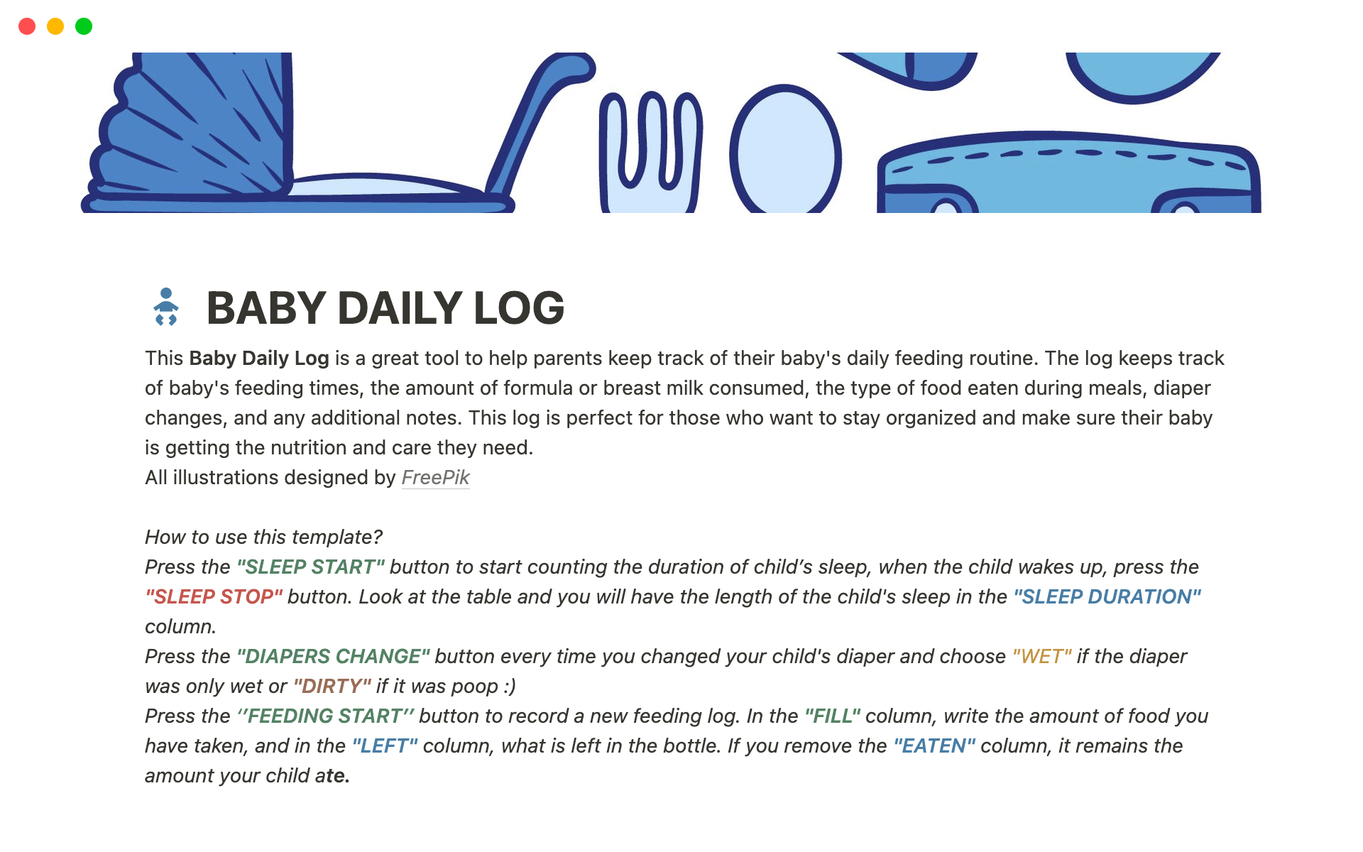 Vista previa de una plantilla para Baby Daily Log
