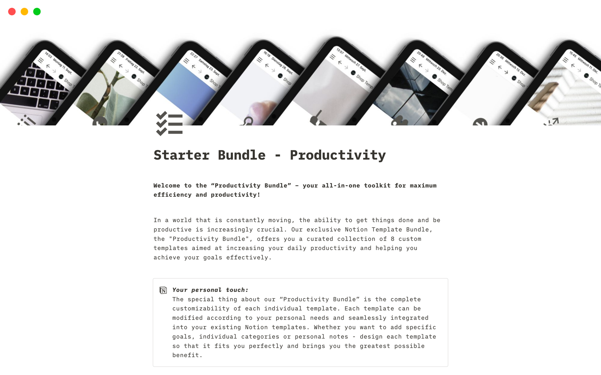 A template preview for Starter Bundle - Productivity