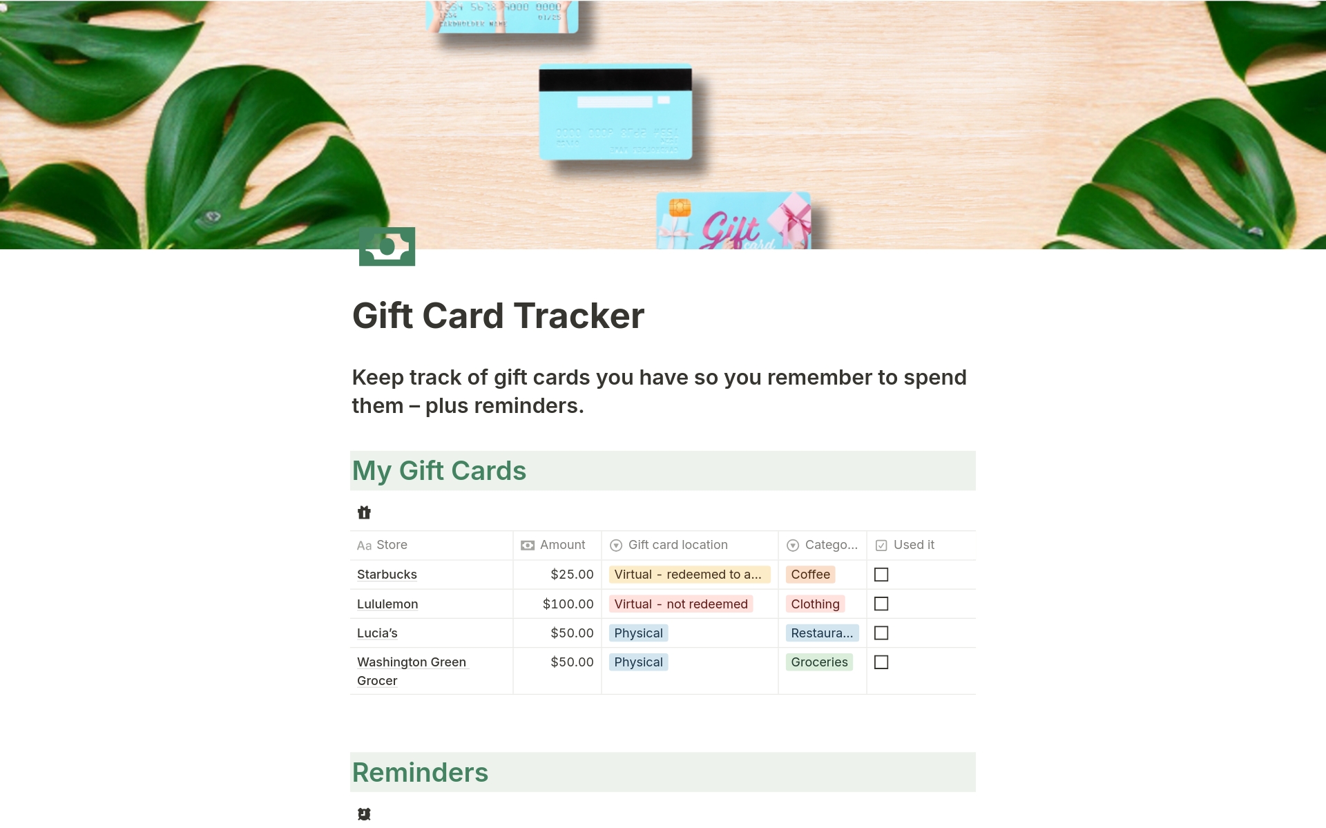 A template preview for Gift Card Tracker