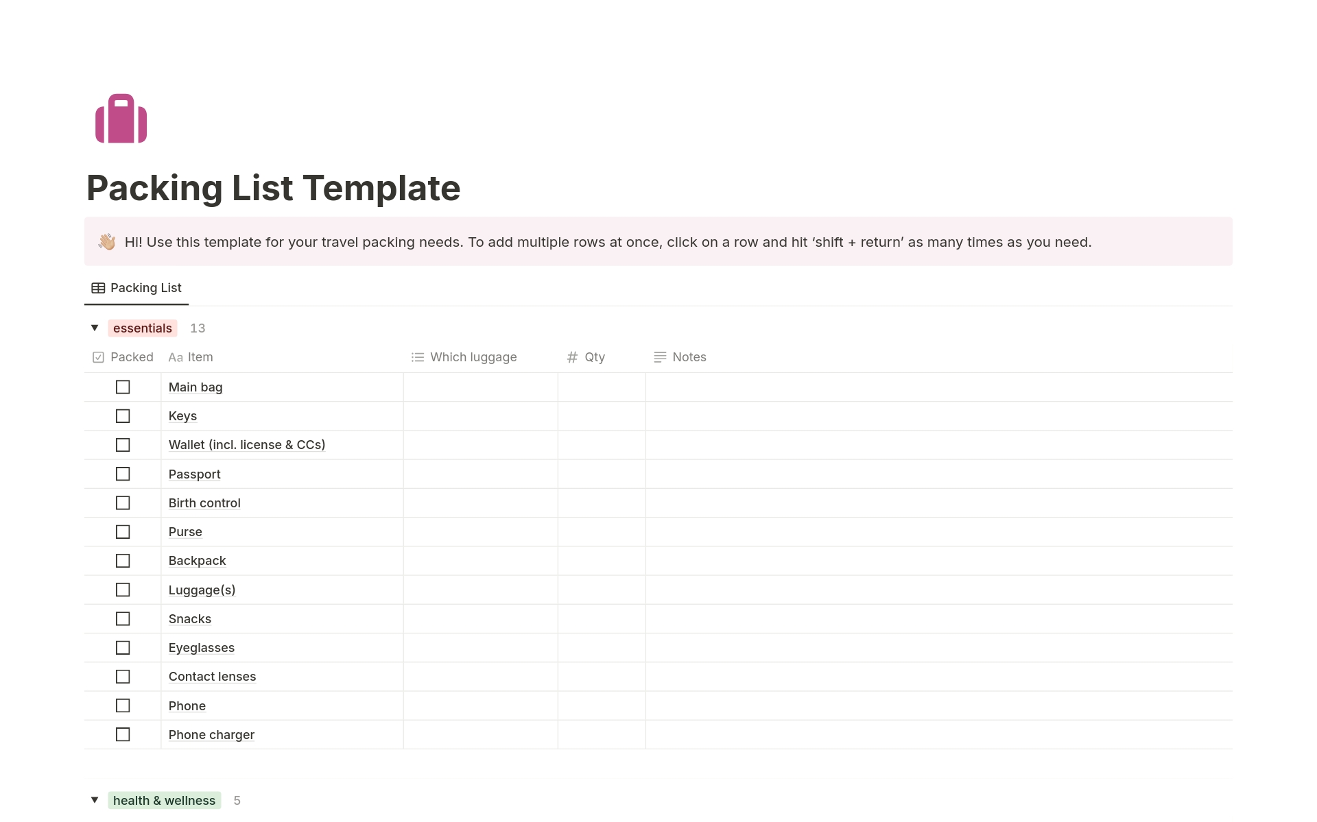 A template preview for Packing List