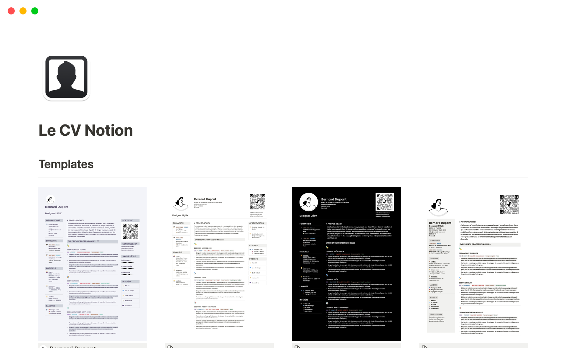 Un CV imprimable et exportable en .pdf avec le graphisme de Notion.