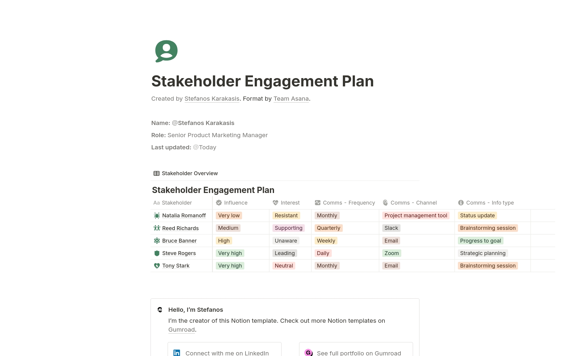 A template preview for Stakeholder Engagement Plan