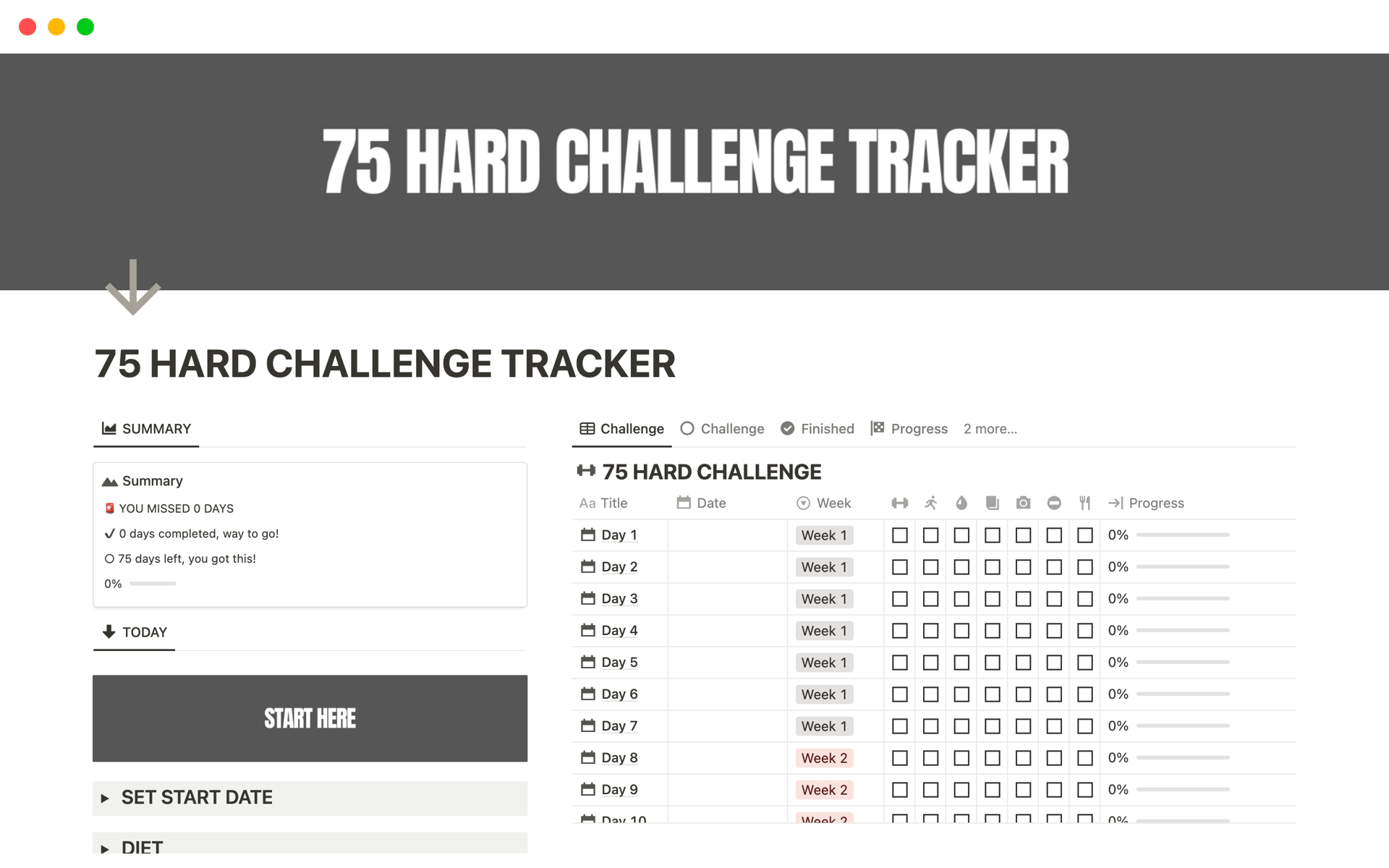 A template preview for 75 HARD CHALLENGE TRACKER
