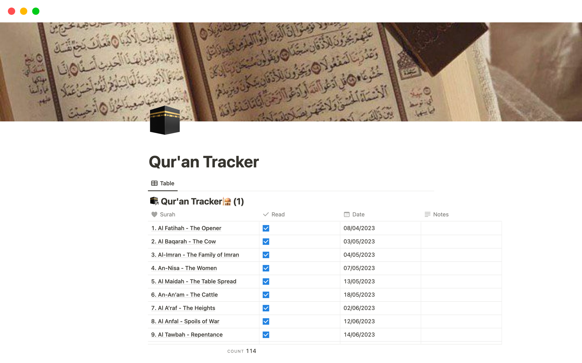 A template preview for Qur'an Tracker