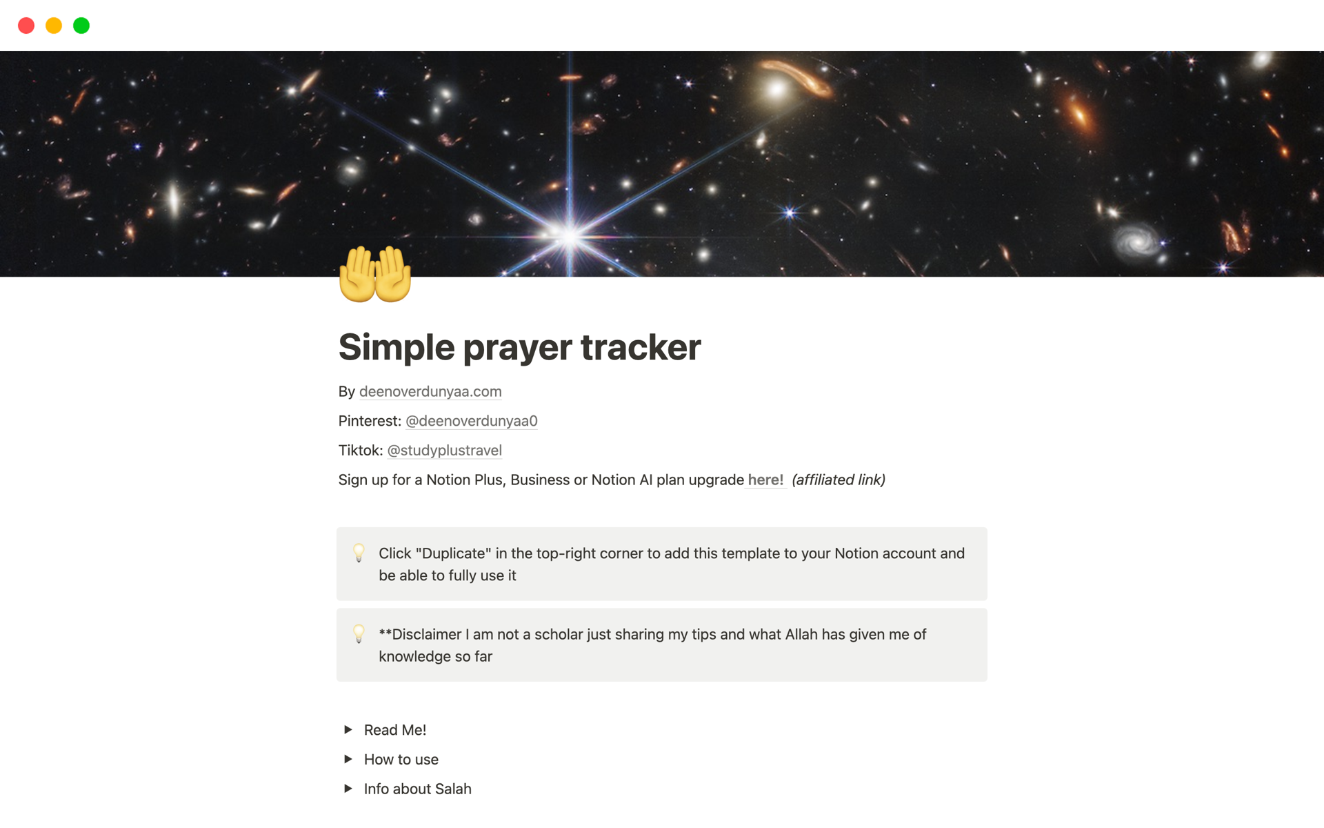 Aperçu du modèle de Simple prayer tracker