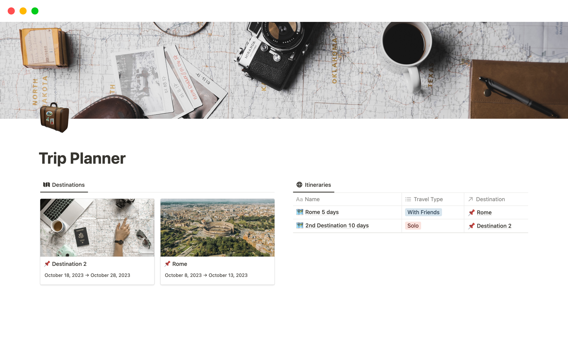Trip Planner with Travel Itineraries Notion Template