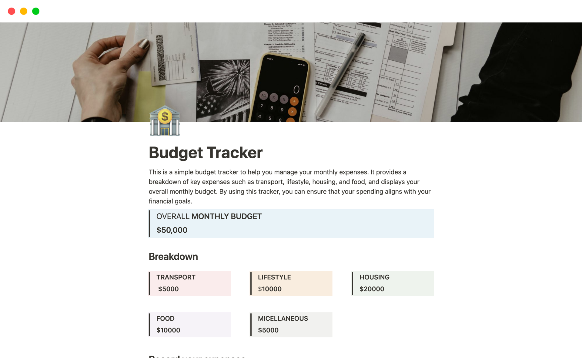 Vista previa de plantilla para Budget Tracker