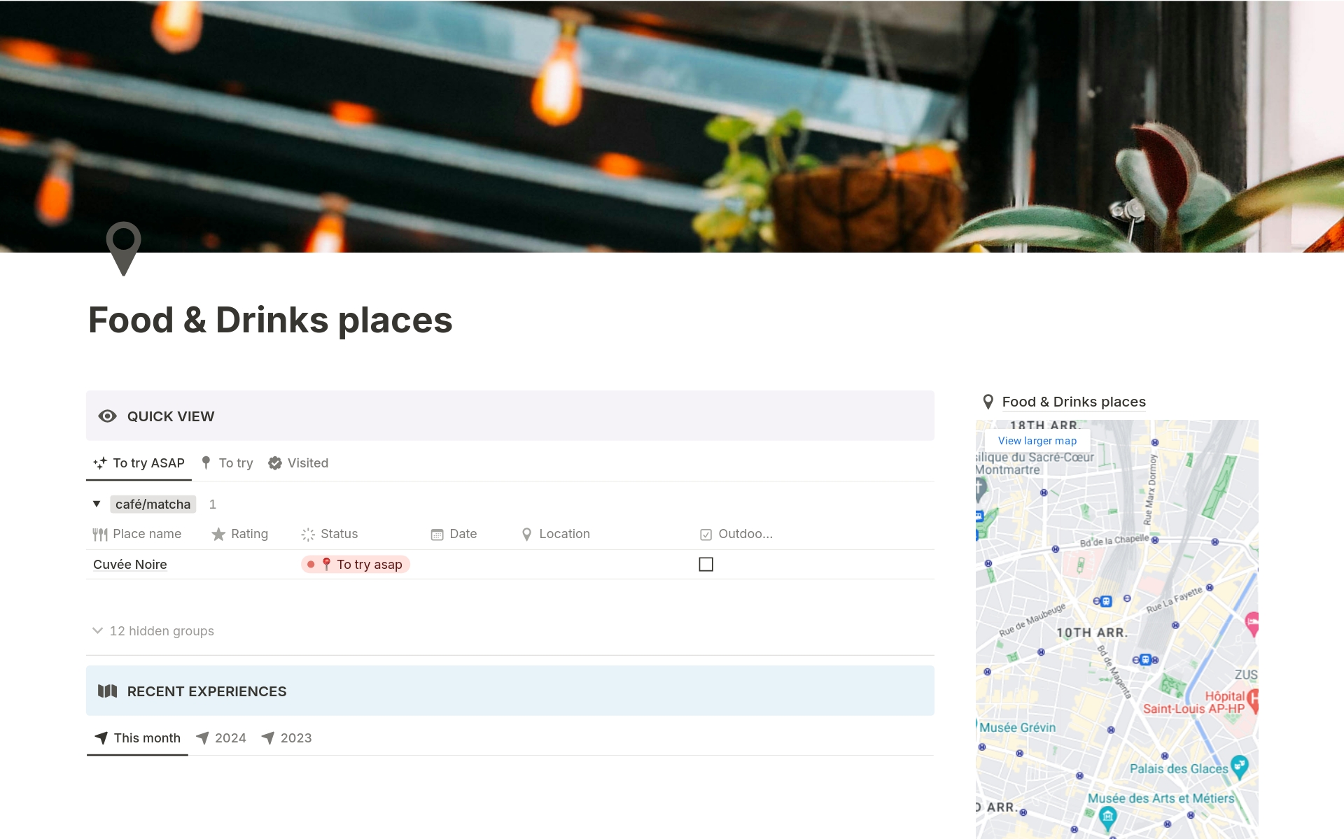 This Notion Food & Drinks places template is perfect for all the foodies that like to keep track of the places, restaurants, coffee shops, bar they are visiting.

