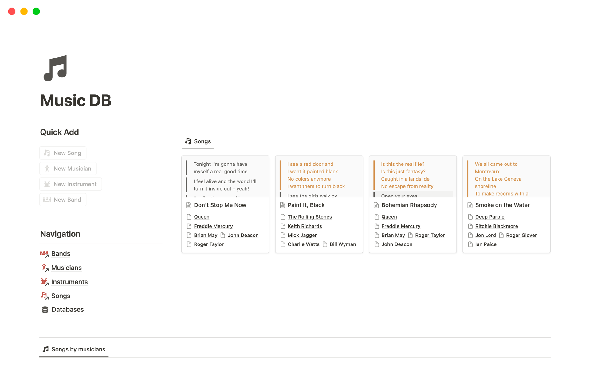Vista previa de plantilla para Music Database