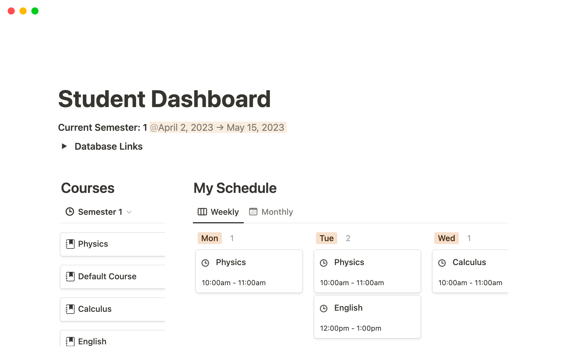 A template preview for Notion Student Dashboard