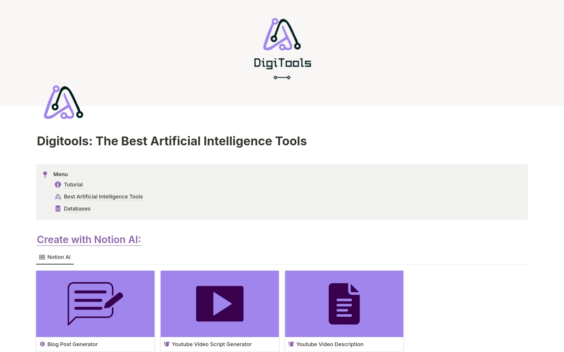 Vista previa de plantilla para Digitools: The Best Artificial Intelligence Tools