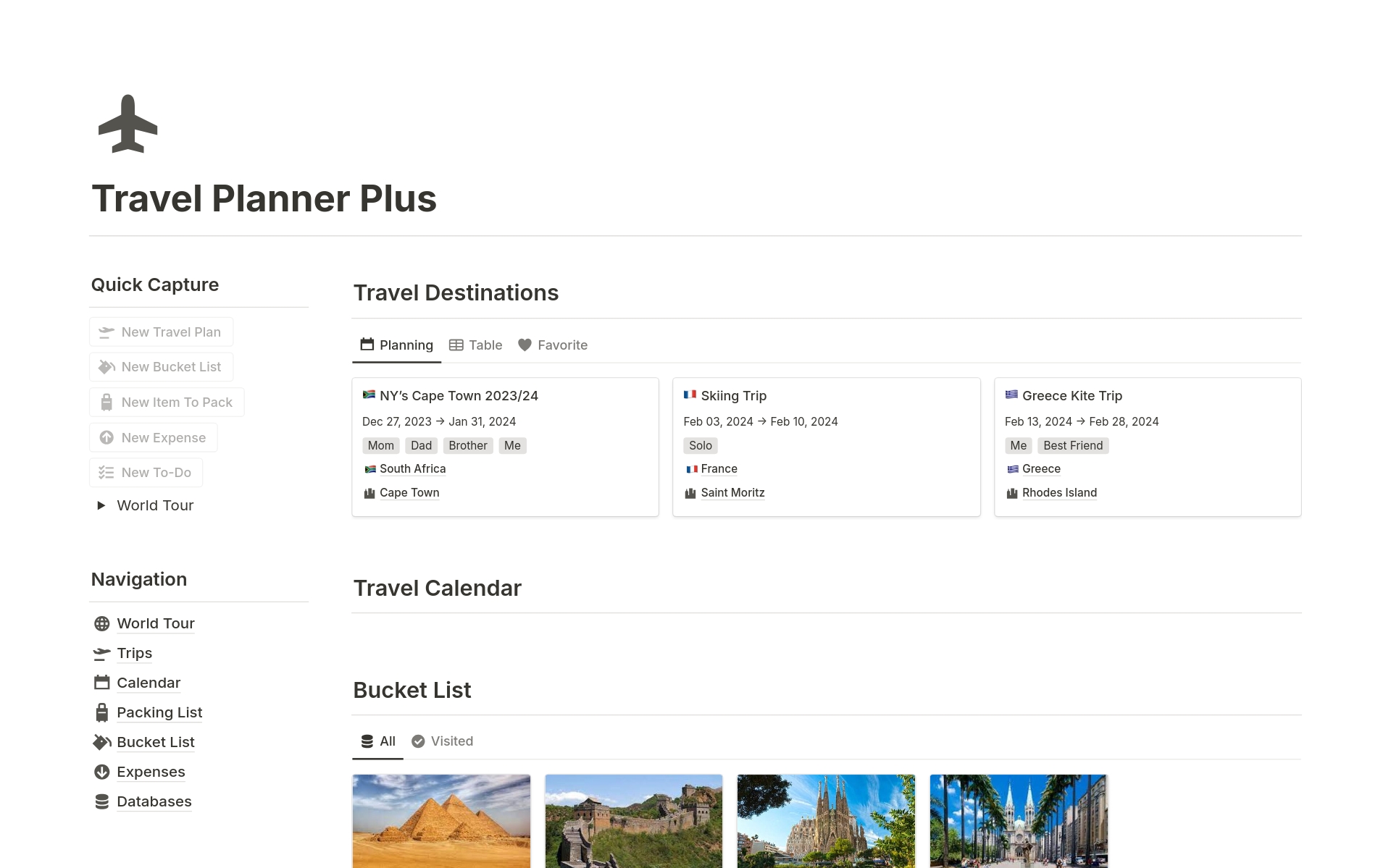 Travel Planner Plusのテンプレートのプレビュー