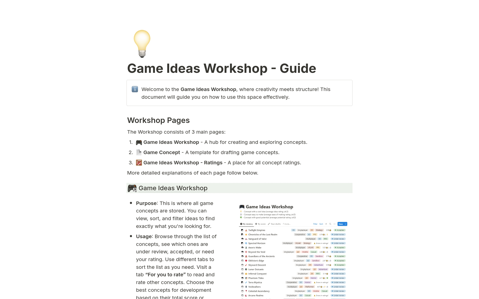 An efficient collaborative platform offering tools for drafting, reviewing, and rating game concepts. Perfect for generating the next big hit through structured brainstorming and teamwork.