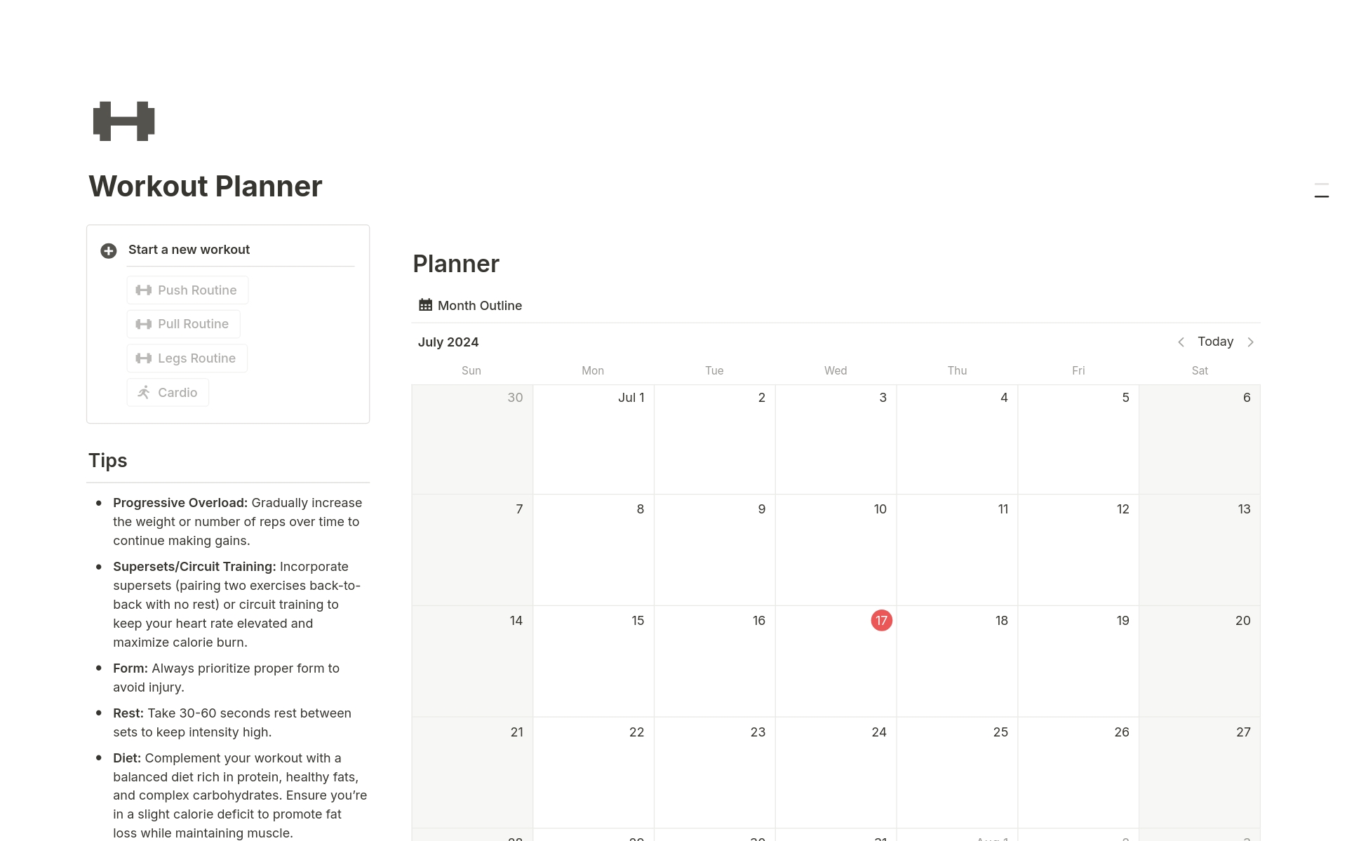 Workout Planner by Gingko Notion Template
