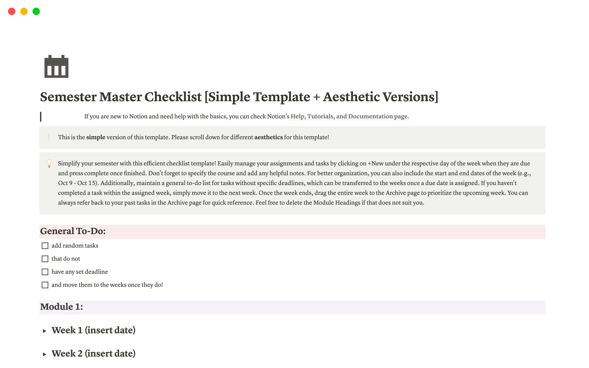 A template preview for Semester Master Checklist