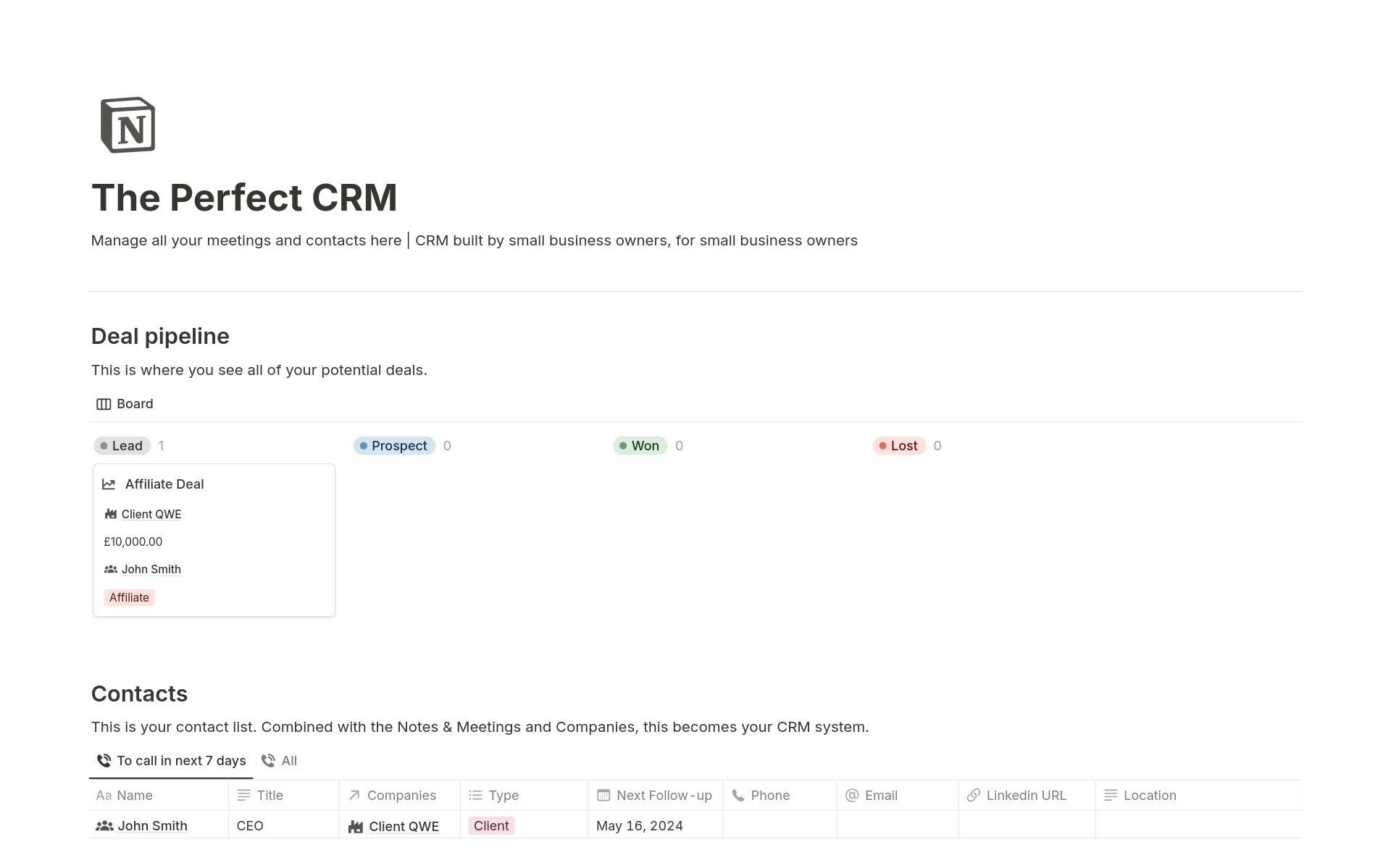 A template preview for The Perfect CRM