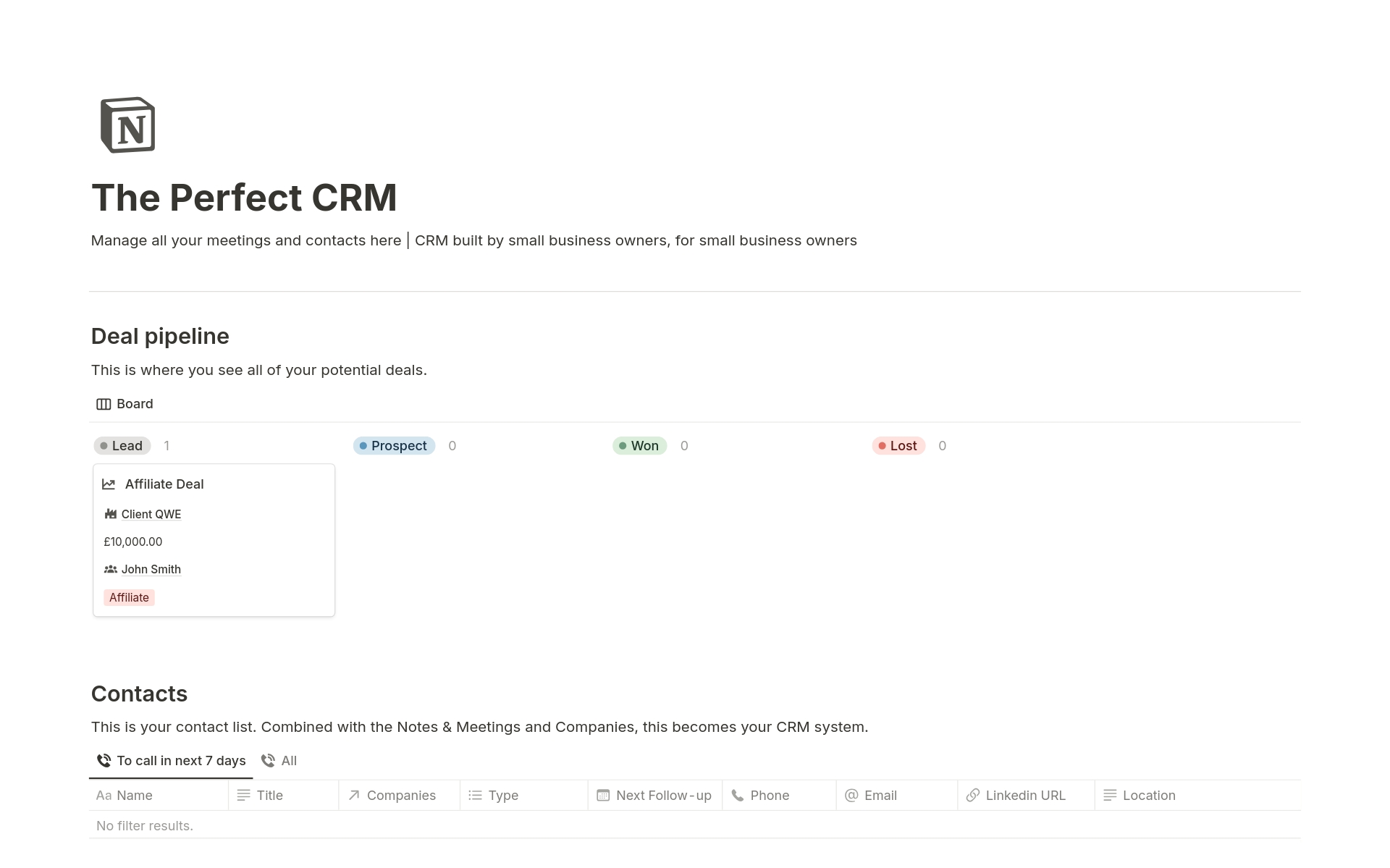 A template preview for The Perfect CRM